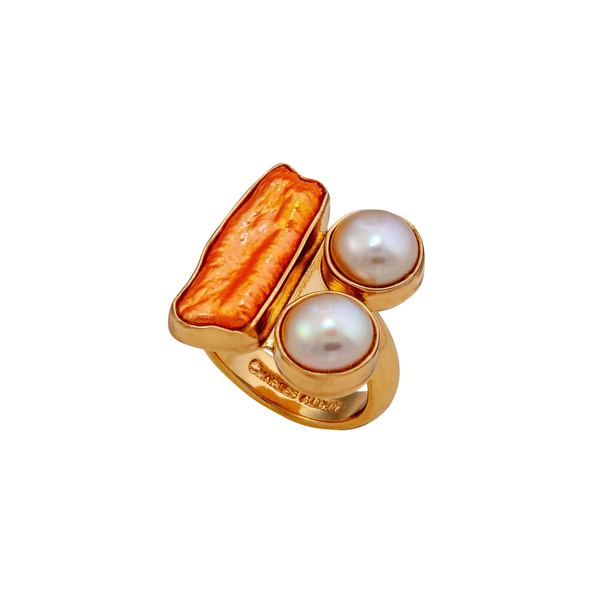 Alchemia Sunset pearl and Biwa Pearl Adjustable Ring | Charles Albert Jewelry