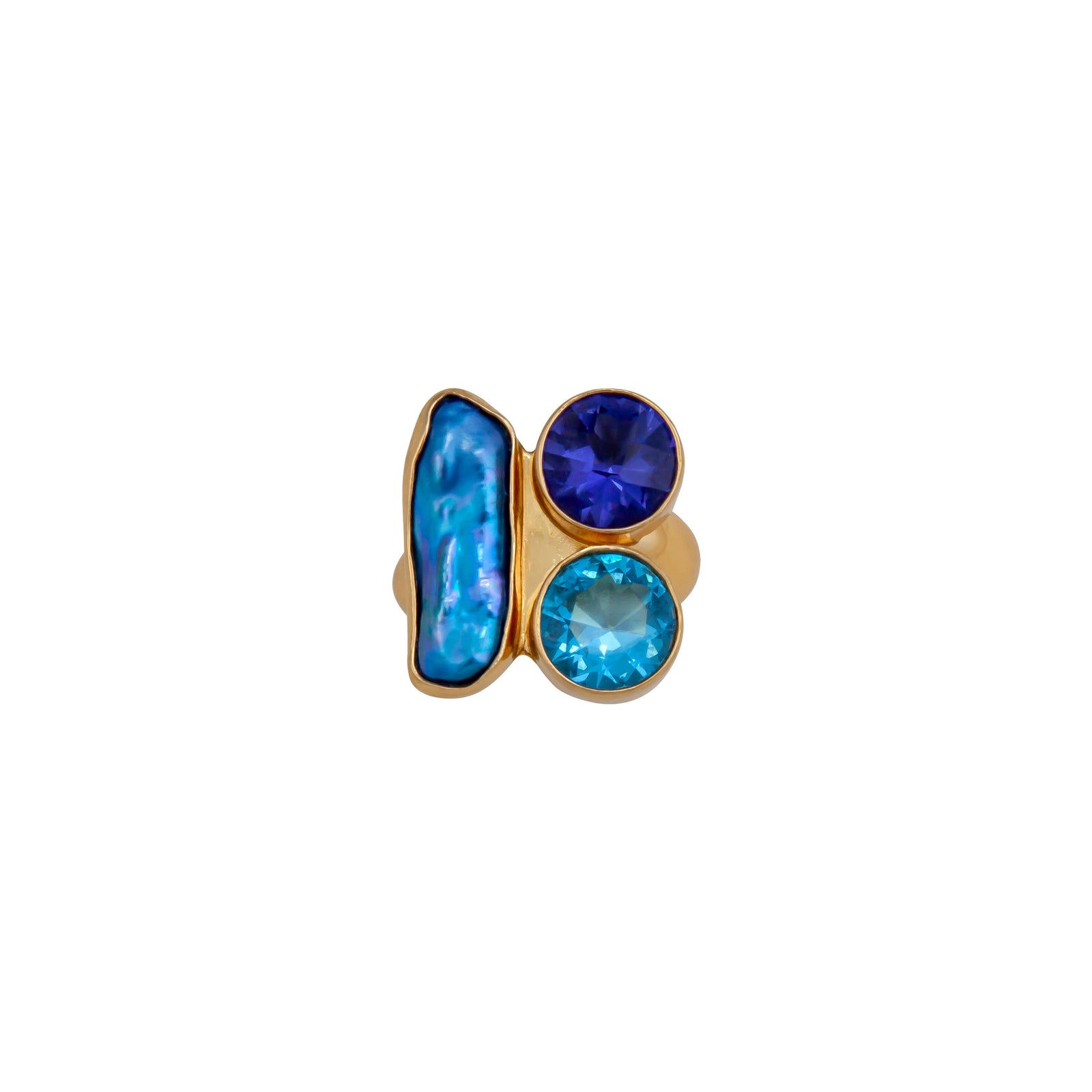 Alchemia Blue Topaz, Lab Tanzanite and Biwa Pearl Adjustable Ring  | Charles Albert Jewelry