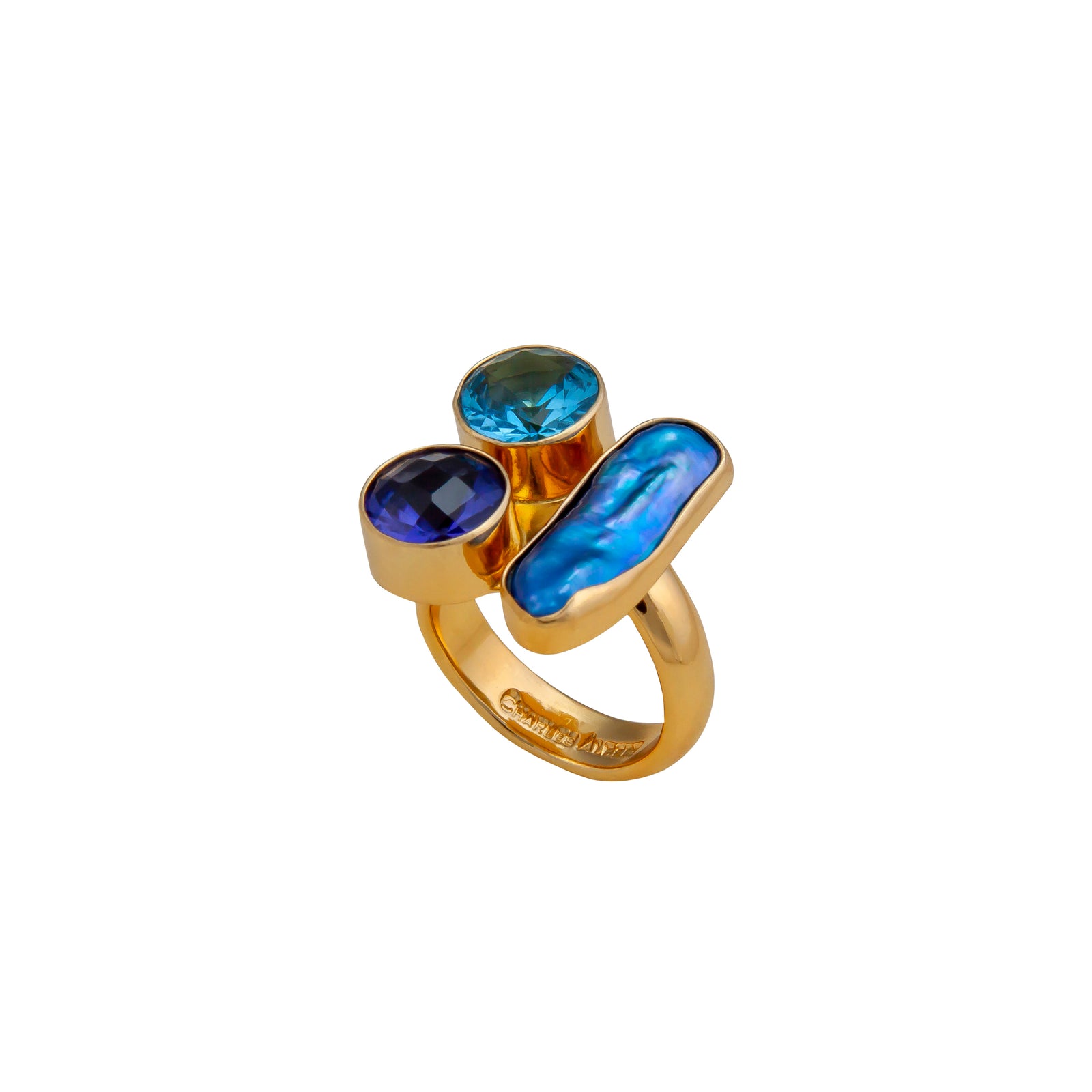 Alchemia Blue Topaz, Lab Tanzanite and Biwa Pearl Adjustable Ring  | Charles Albert Jewelry