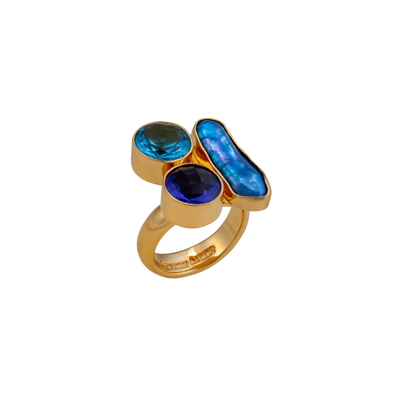 Alchemia Blue Topaz, Lab Tanzanite and Biwa Pearl Adjustable Ring  | Charles Albert Jewelry