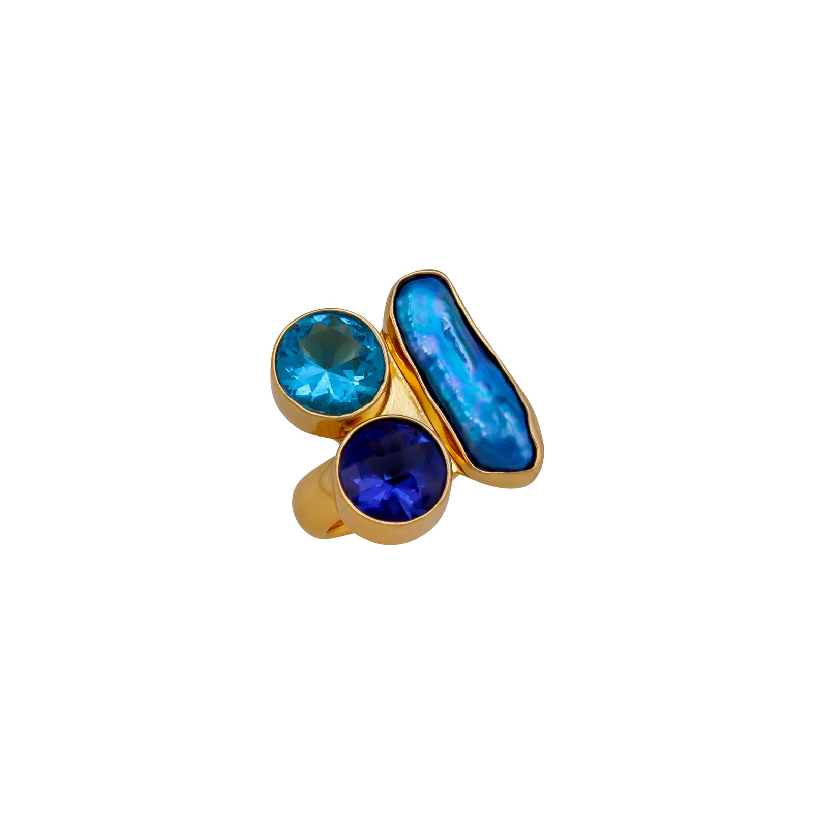 Alchemia Blue Topaz, Lab Tanzanite and Biwa Pearl Adjustable Ring