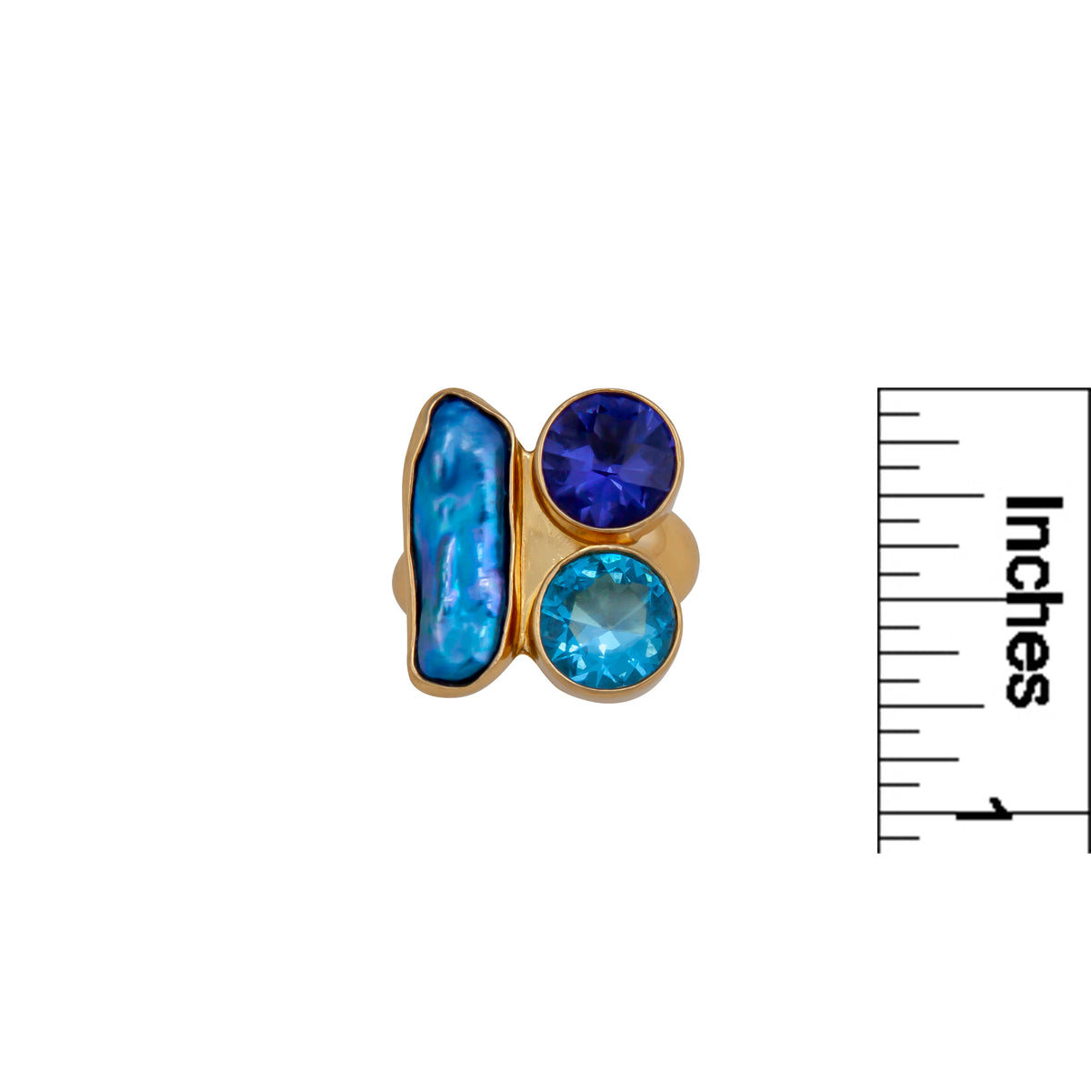 Alchemia Blue Topaz, Lab Tanzanite and Biwa Pearl Adjustable Ring