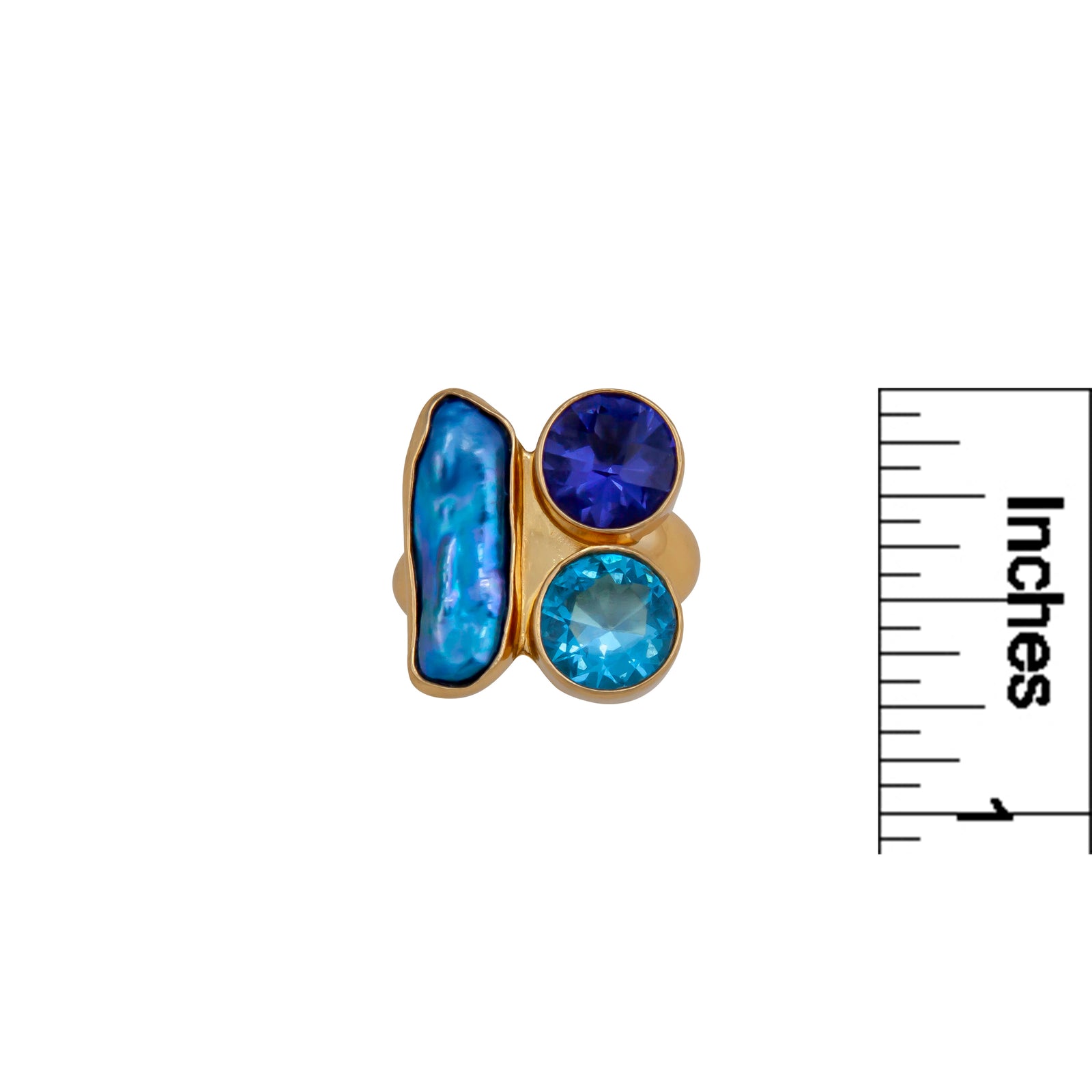 Alchemia Blue Topaz, Lab Tanzanite and Biwa Pearl Adjustable Ring