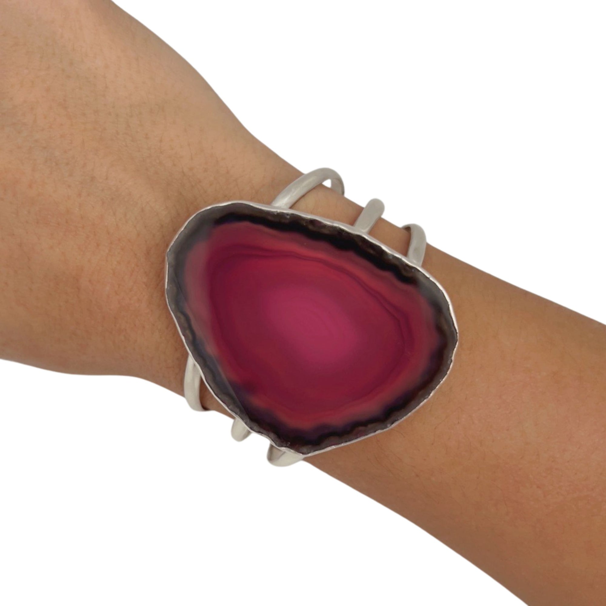 Sterling Silver Pink Agate Slice 3 Band Cuff | Charles Albert Jewelry