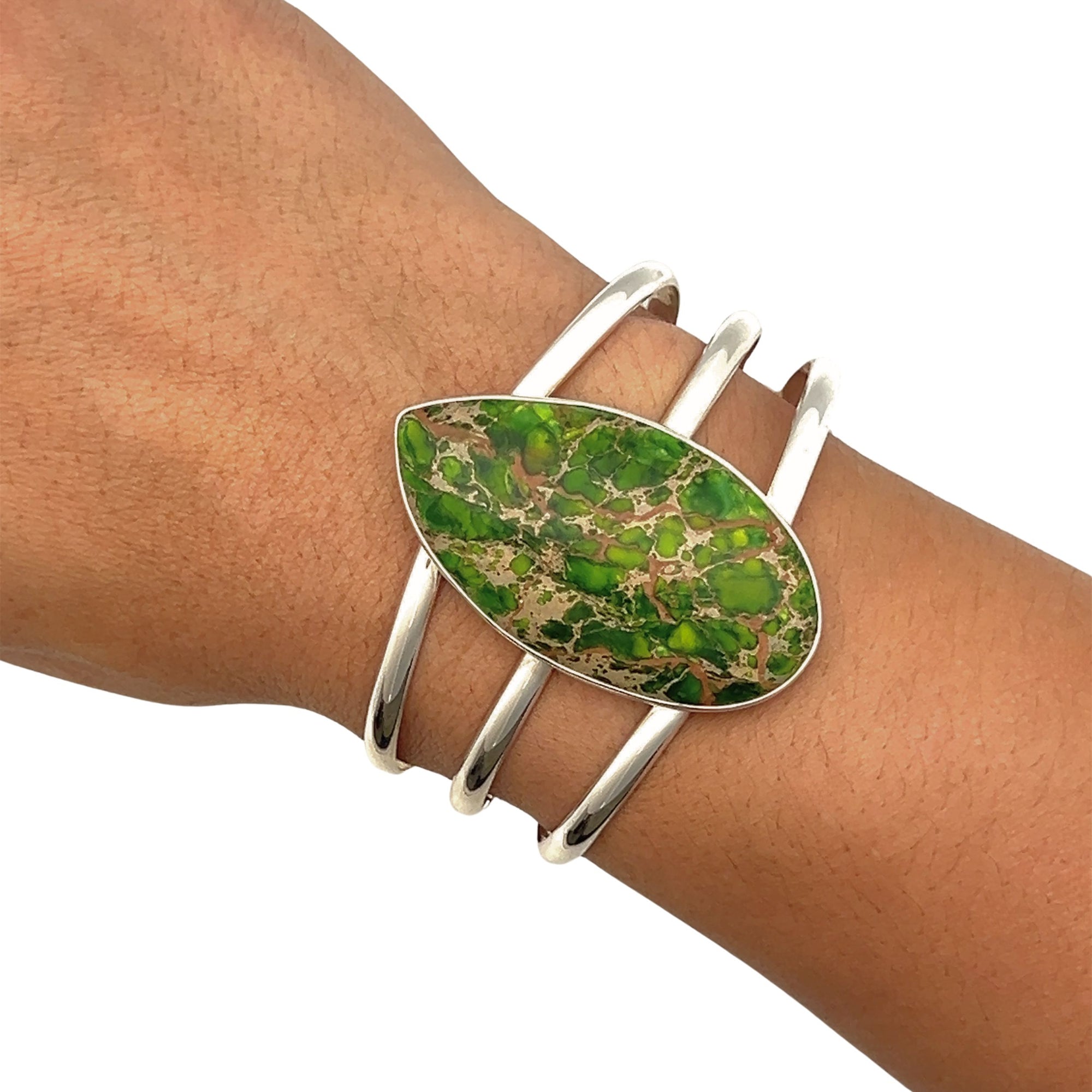 Sterling Silver Green Color-Enhanced Jasper Multi Band Cuff | Charles Albert Jewelry