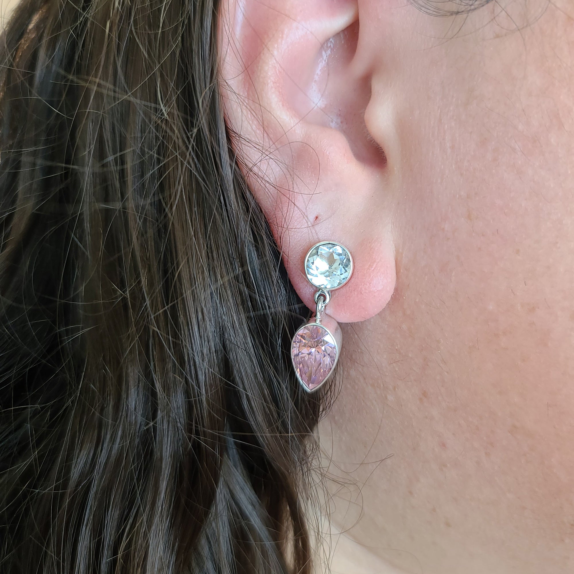 Adore Sterling Silver Quartz and Pink CZ Post Earrings - In Use | Charles Albert Jewelry