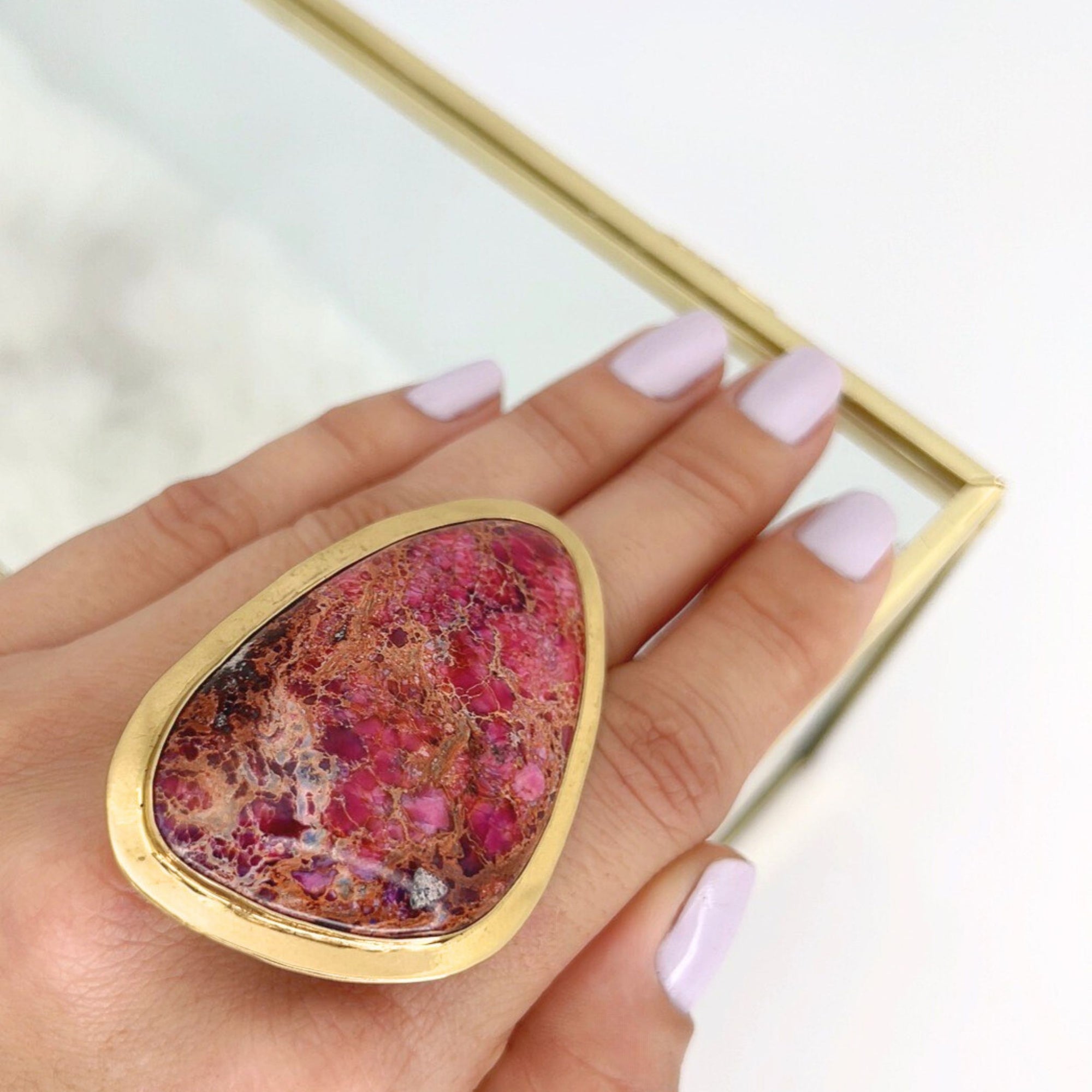 Alchemia Light Pink Jasper Adjustable Ring with Detailed Edge - Style #2 | Charles Albert Jewelry