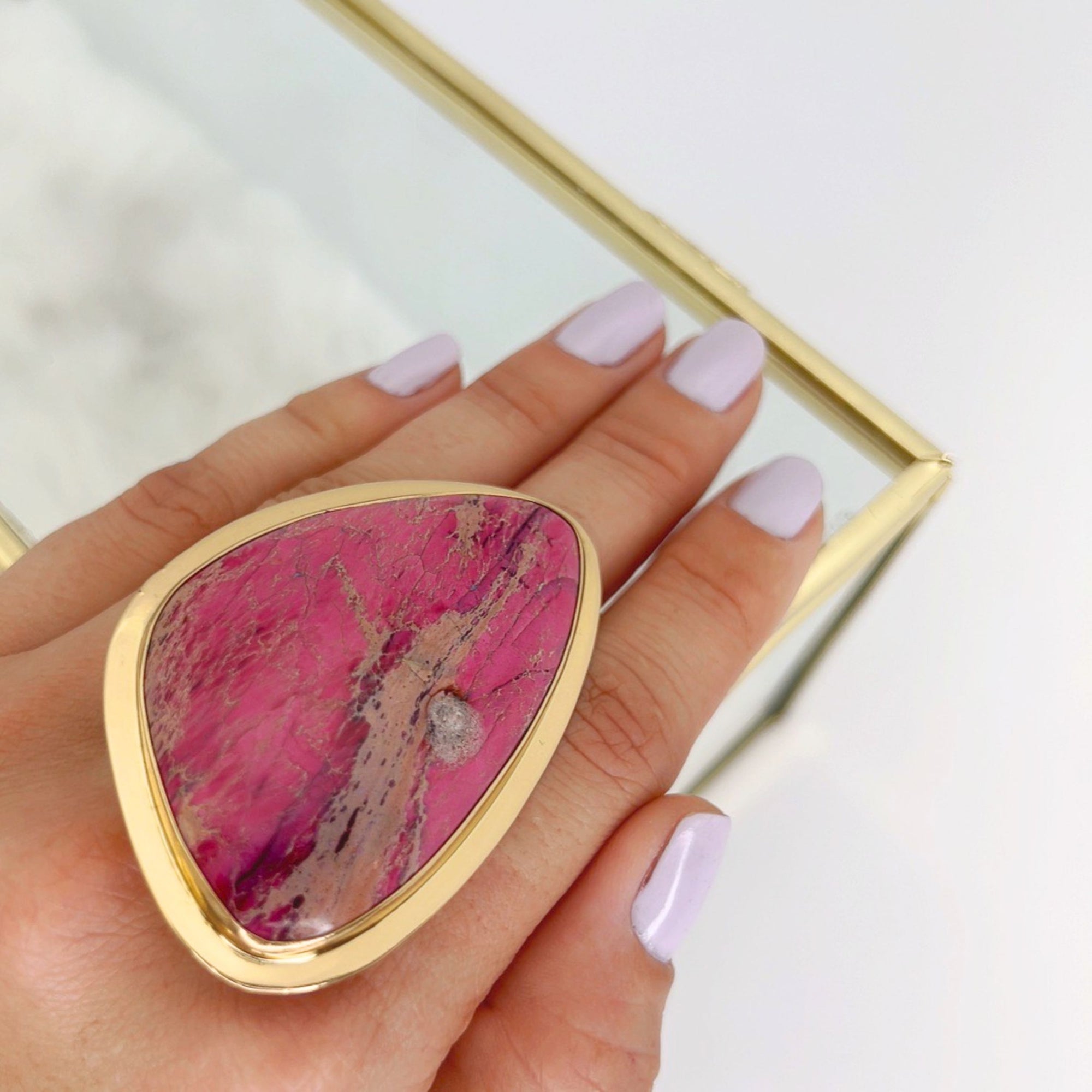 Alchemia Light Pink Jasper Adjustable Ring with Detailed Edge - Style #4 | Charles Albert Jewelry