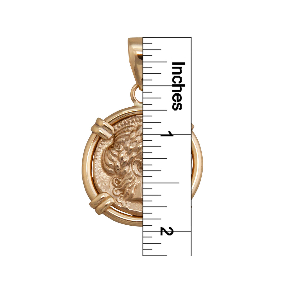 Alchemia Replica Greek Coin Prong Set Reversible Pendant - Measurements | Charles Albert Jewelry