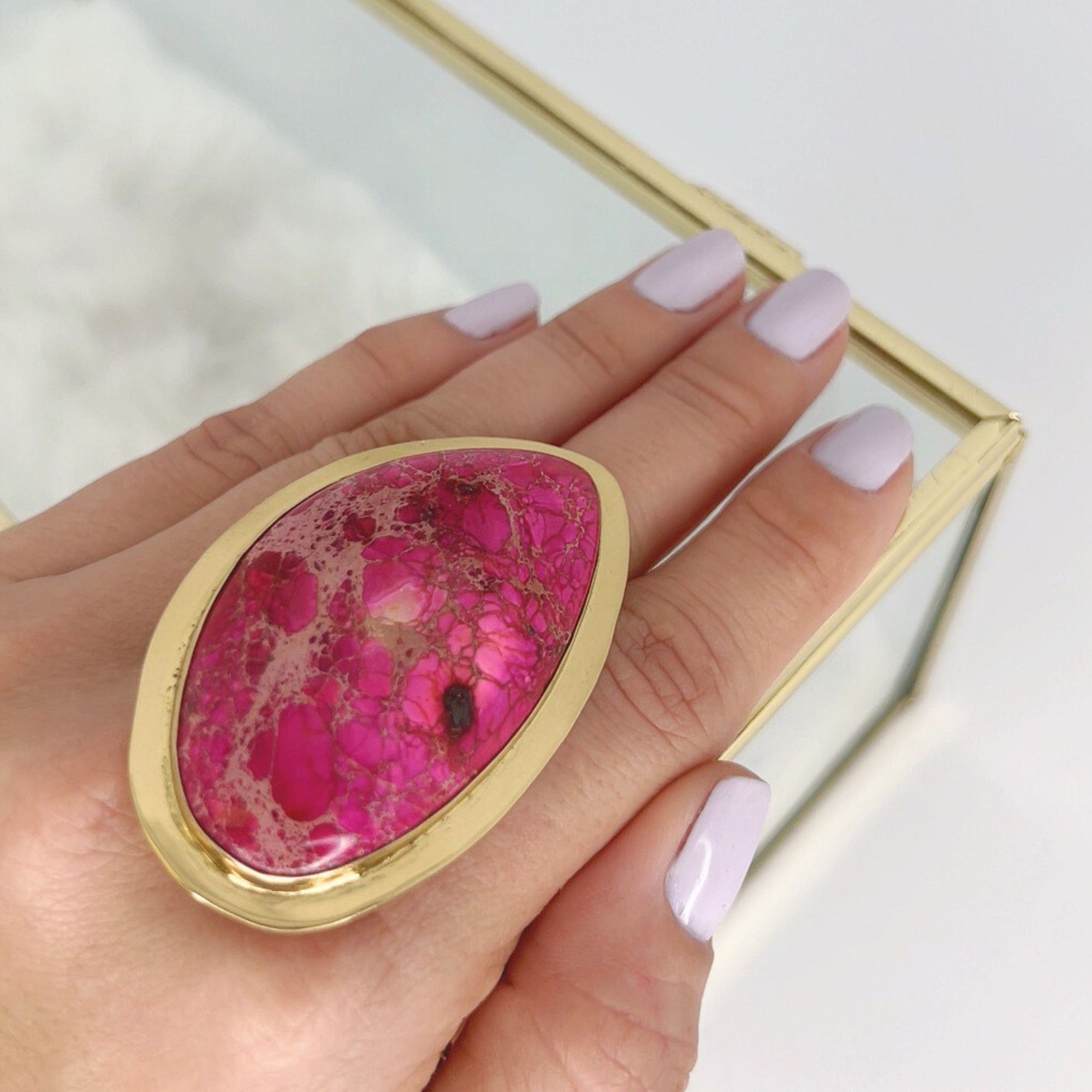 Alchemia XL Pink Jasper Adjustable Ring with Detailed Edge - Style #1 | Charles Albert Jewelry