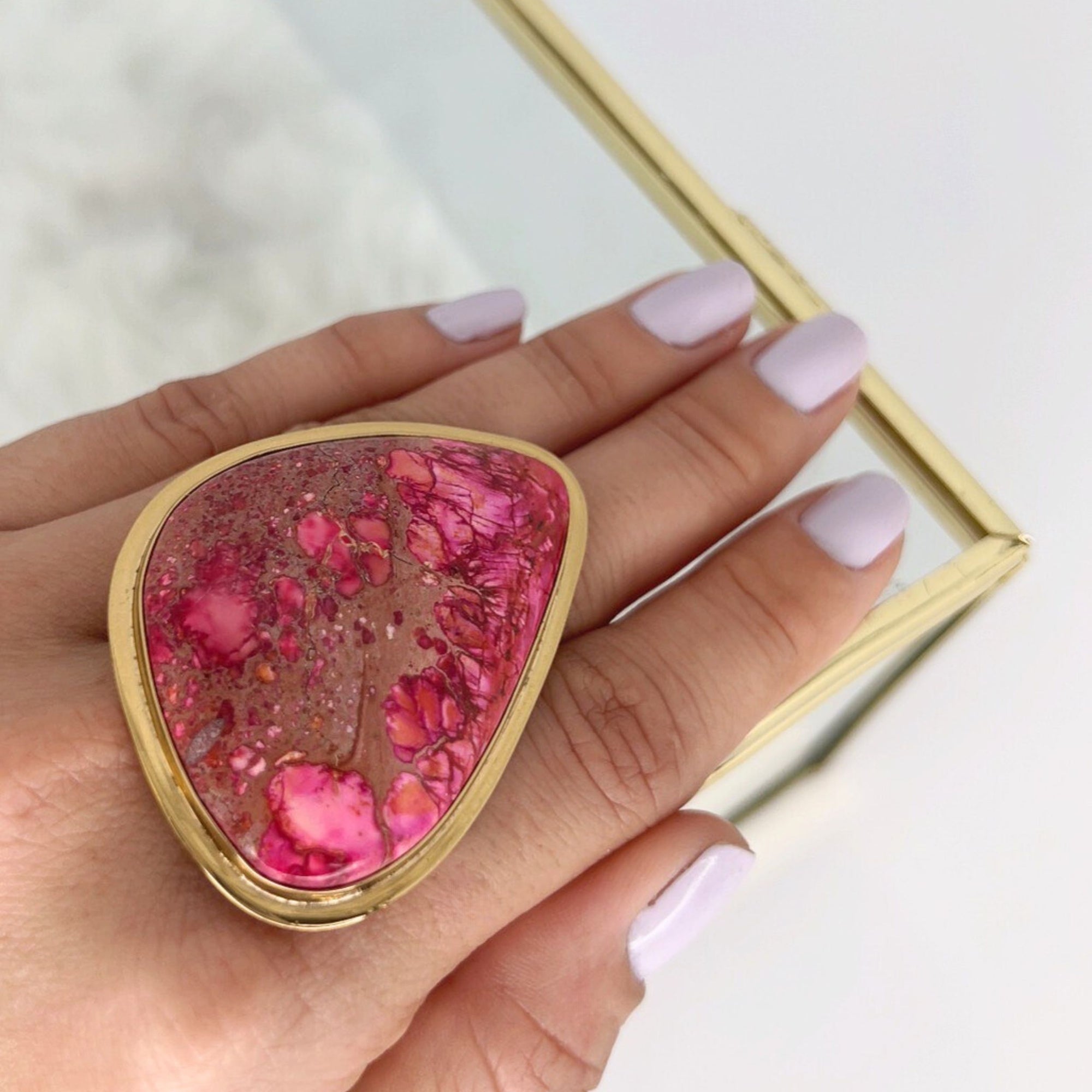 Alchemia XL Pink Jasper Adjustable Ring with Detailed Edge - Style #13 | Charles Albert Jewelry