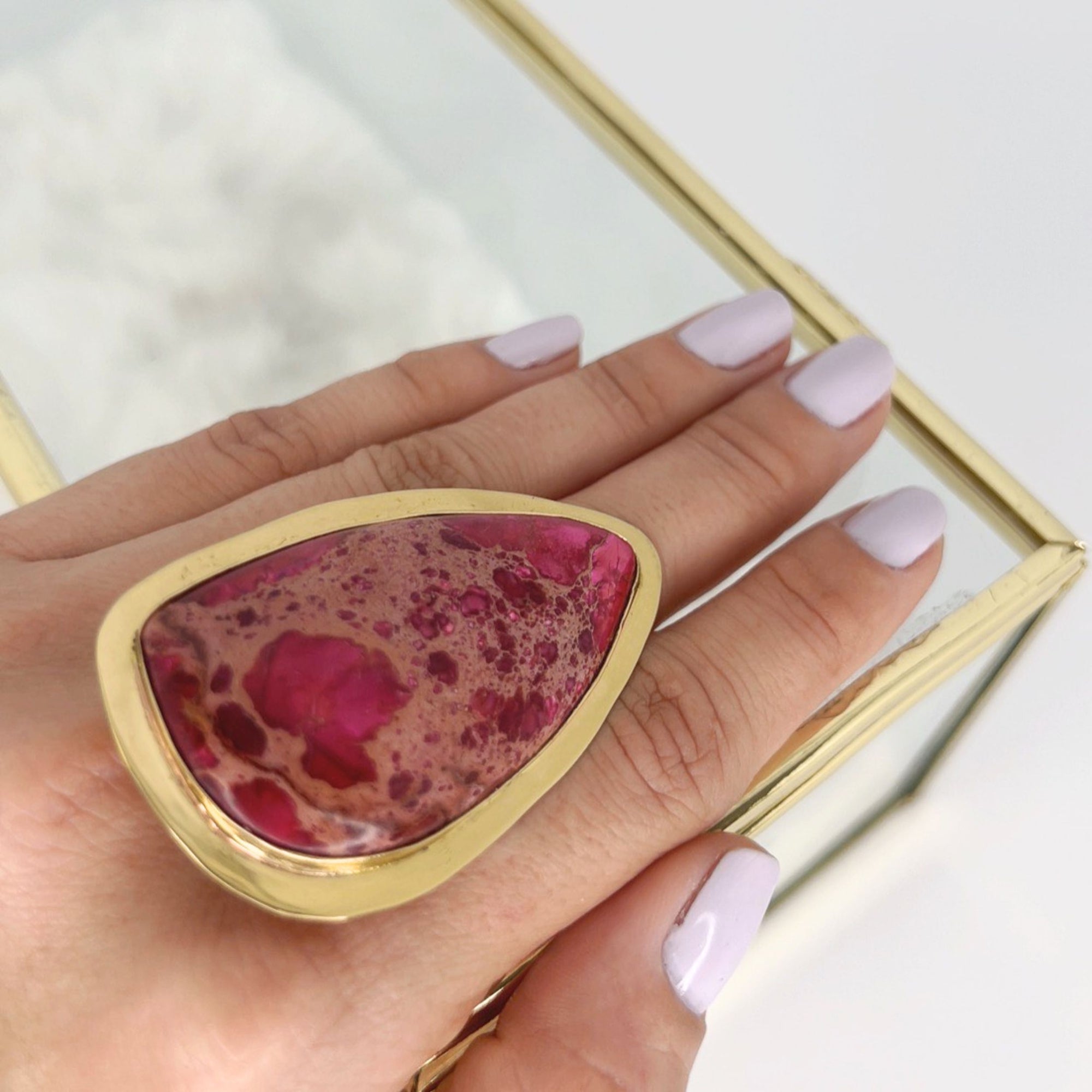 Alchemia XL Pink Jasper Adjustable Ring with Detailed Edge - Style #8 | Charles Albert Jewelry