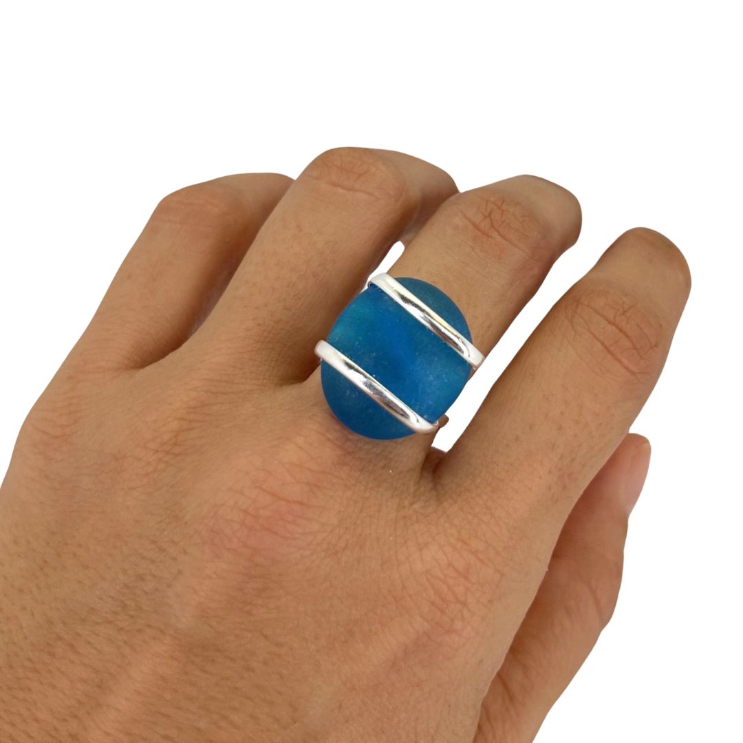 Silver Plated Blue Frosted Glass Ring |  Charles Albert Jewelry