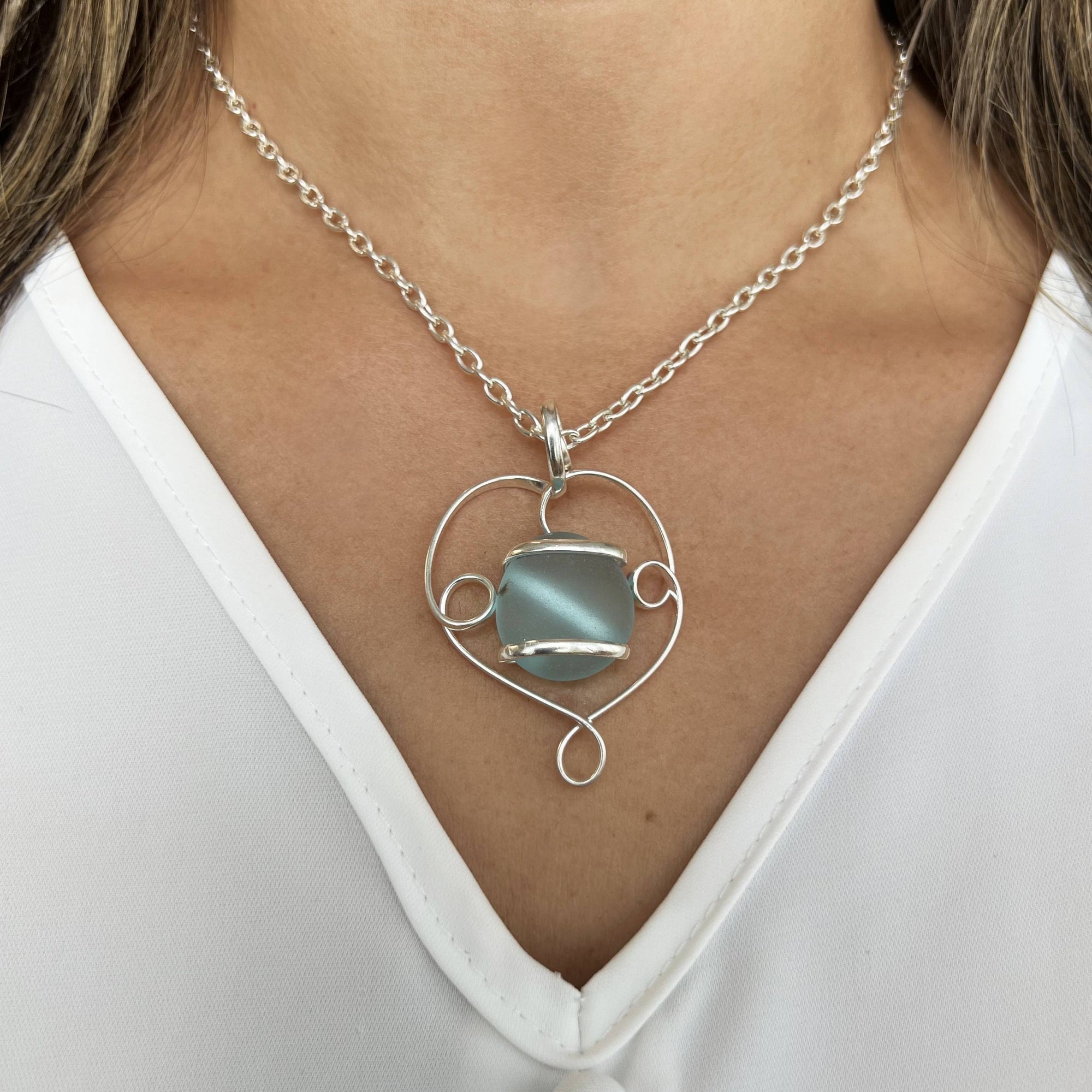 Silver Plated Glass Beaded Swirl Pendant - Aqua | Charles Albert Jewelry