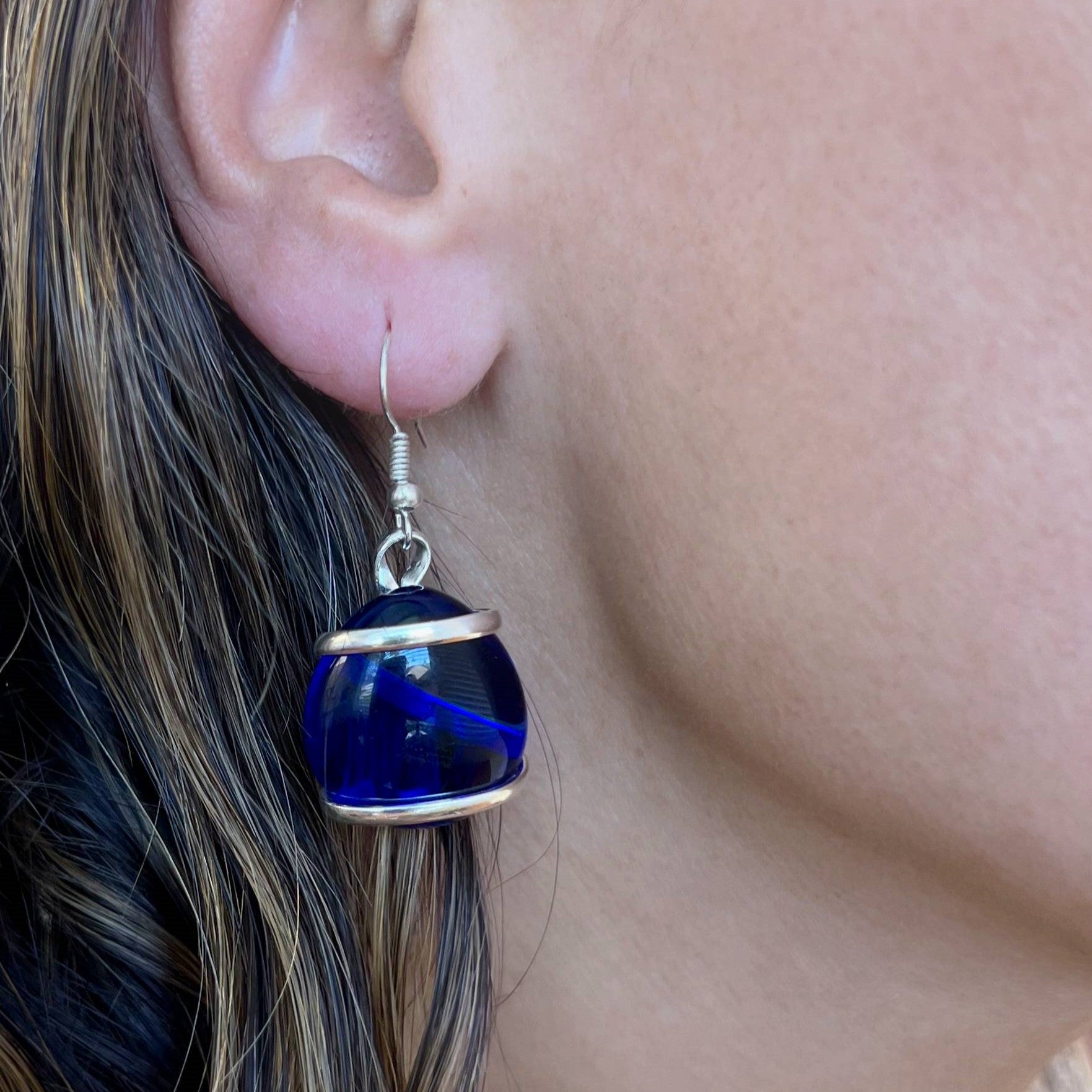 Silver Plated Shiny Glass Earrings - Blue | Charles Albert Jewelry