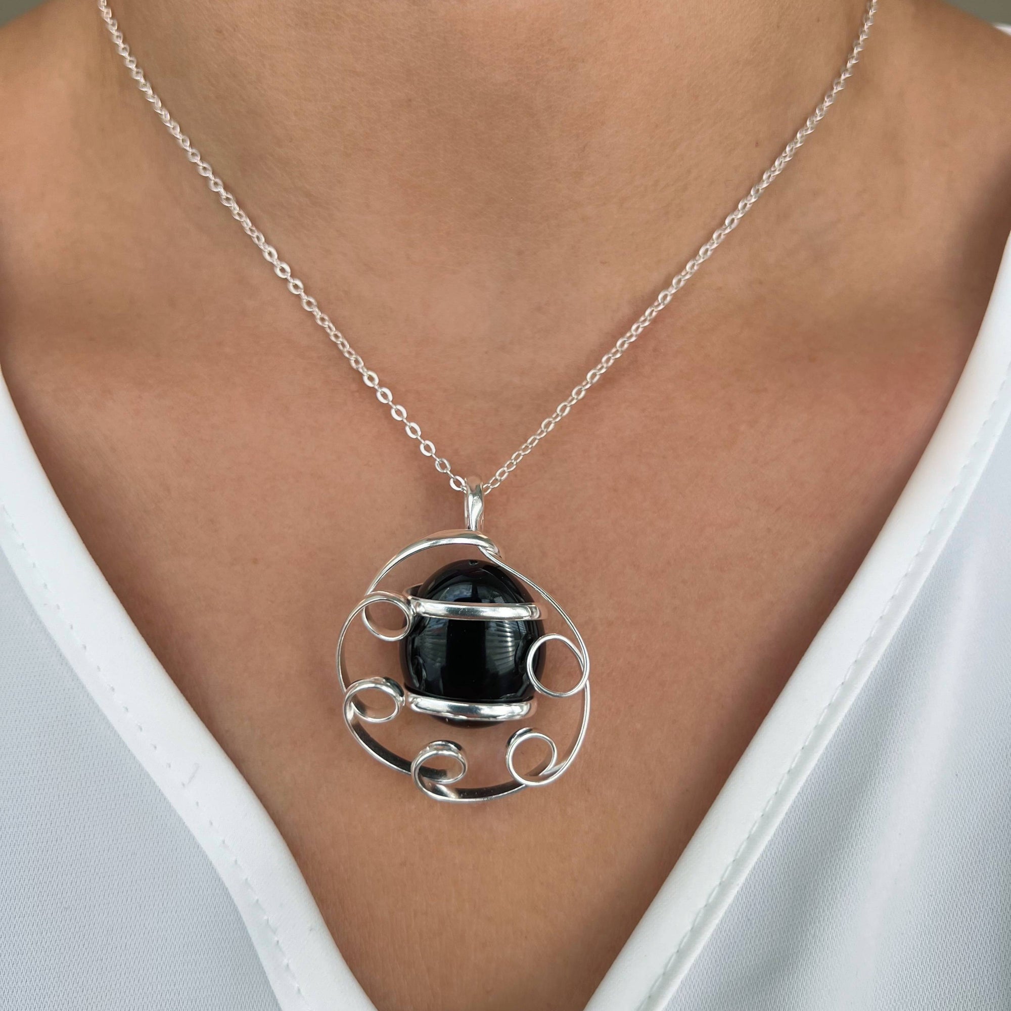 Silver Plated Shiny Glass Pendant - Black | Charles Albert Jewelry