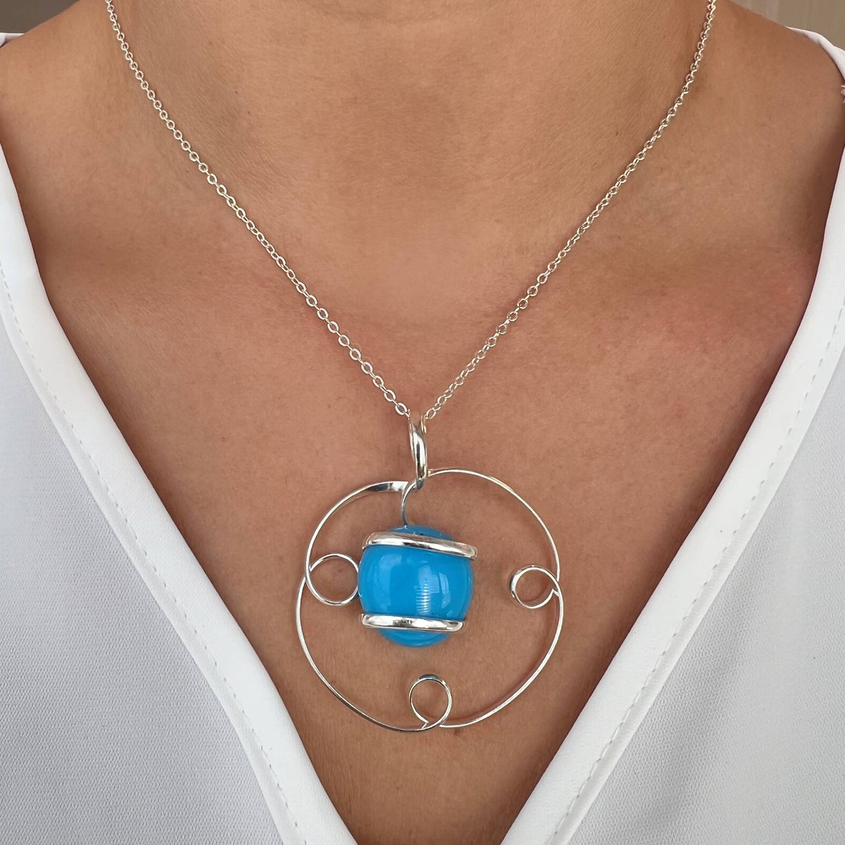 Silver Plated Shiny Glass Pendant - Blue | Charles Albert Jewelry