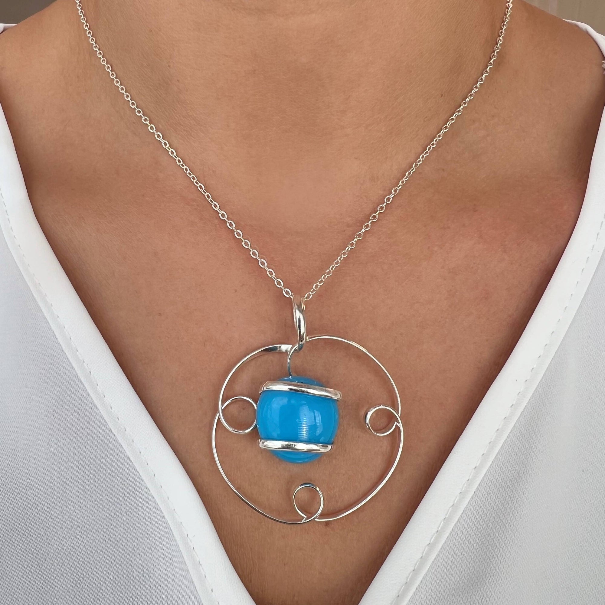 Silver Plated Shiny Glass Pendant - Blue | Charles Albert Jewelry