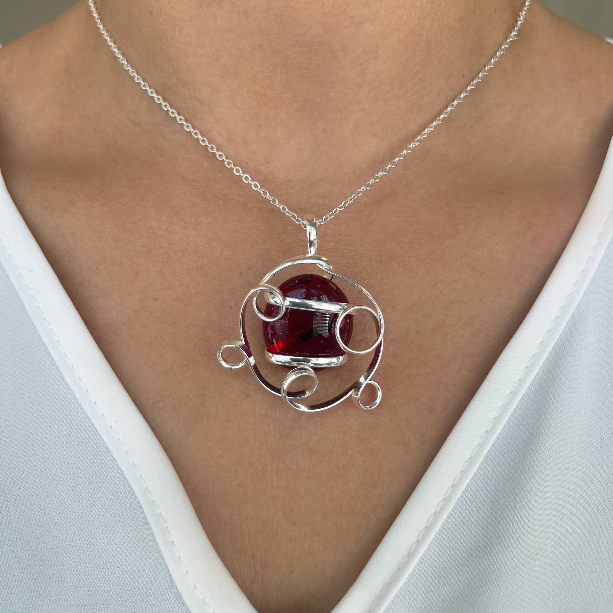 Silver Plated Shiny Glass Pendant - Burgandy | Charles Albert Jewelry