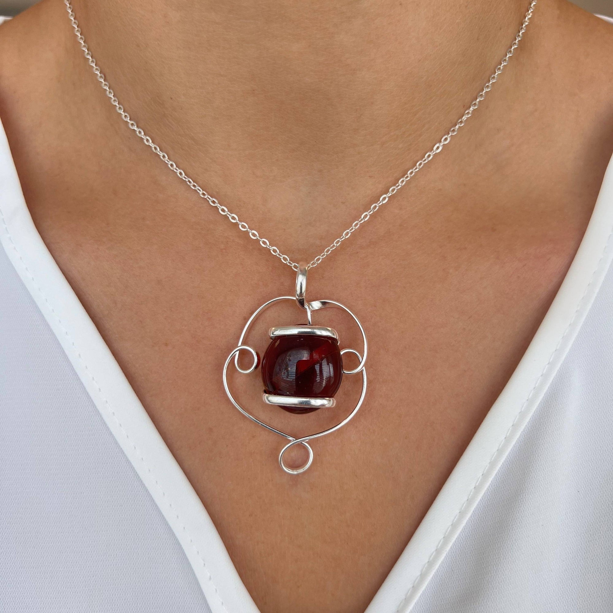 Silver Plated Shiny Glass Pendant - Burgandy | Charles Albert Jewelry