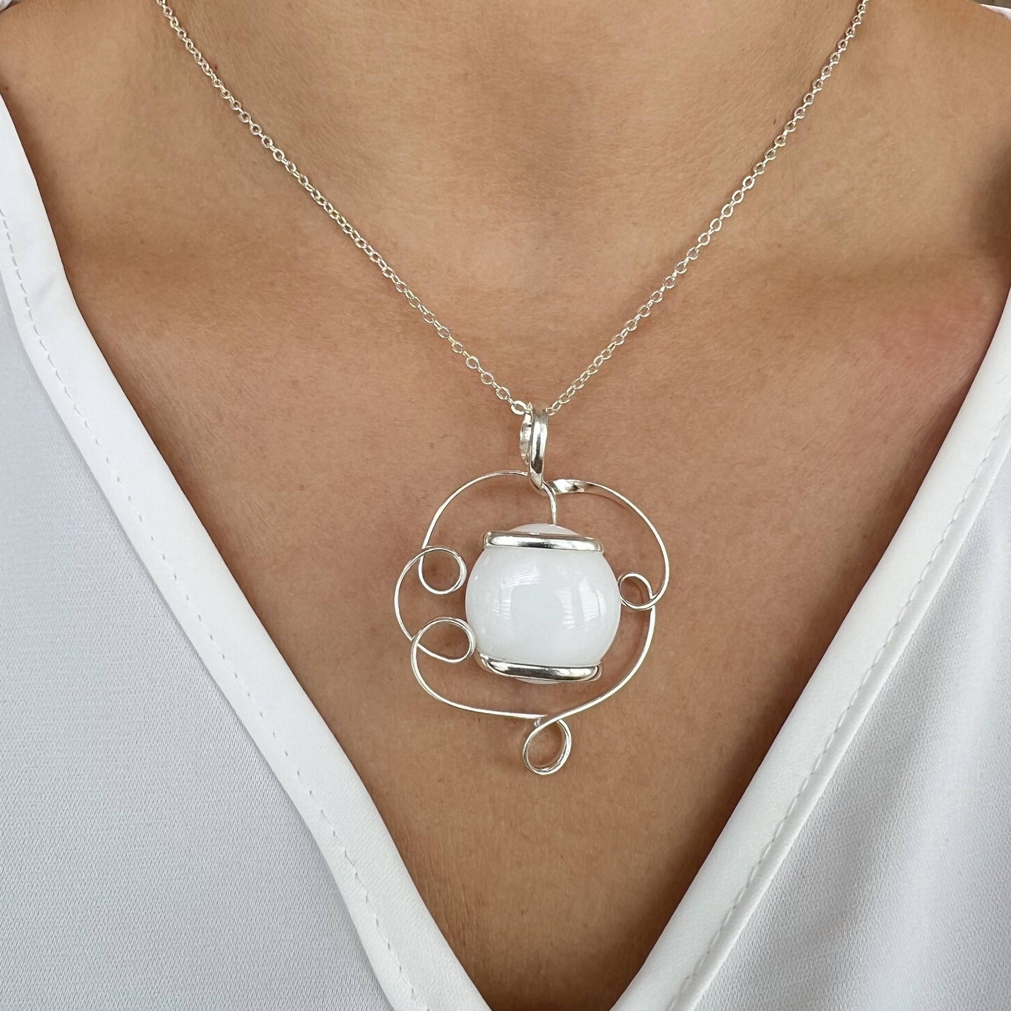 Silver Plated Shiny Glass Pendant - White | Charles Albert Jewelry