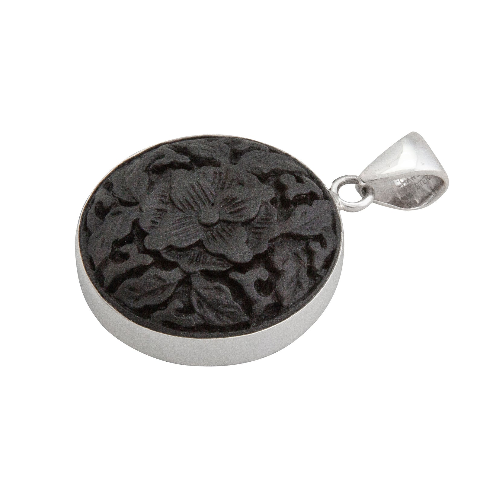 Sterling Silver Black Cinnabar Flower Pendant | Charles Albert Jewelry