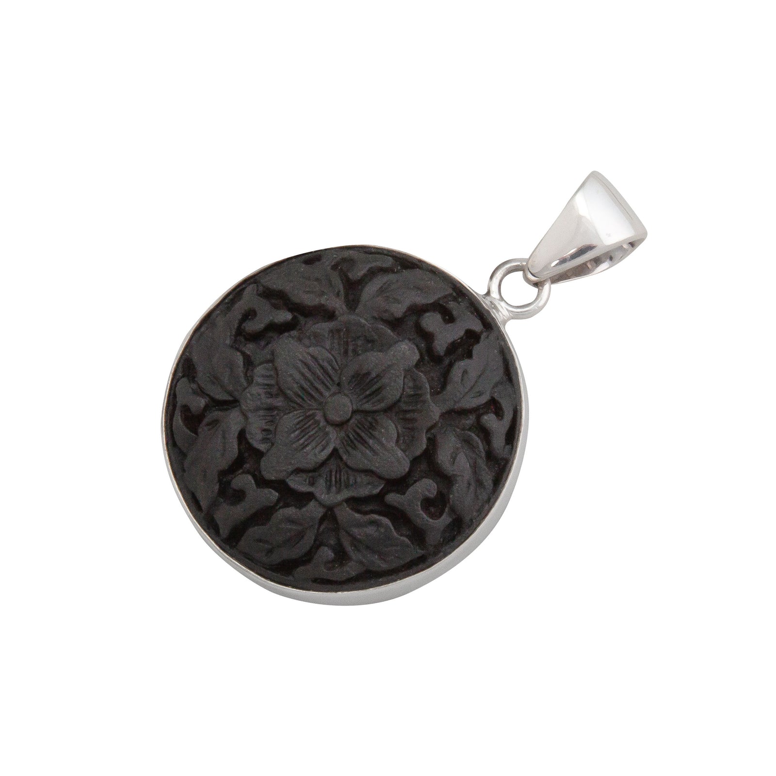 Sterling Silver Black Cinnabar Flower Pendant | Charles Albert Jewelry