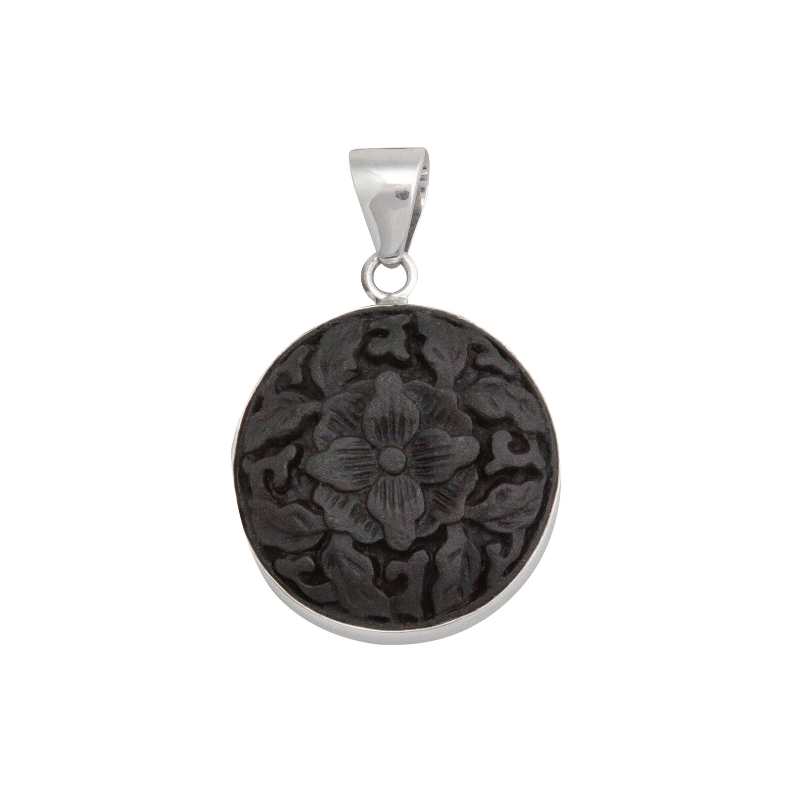 Sterling Silver Black Cinnabar Flower Pendant | Charles Albert Jewelry