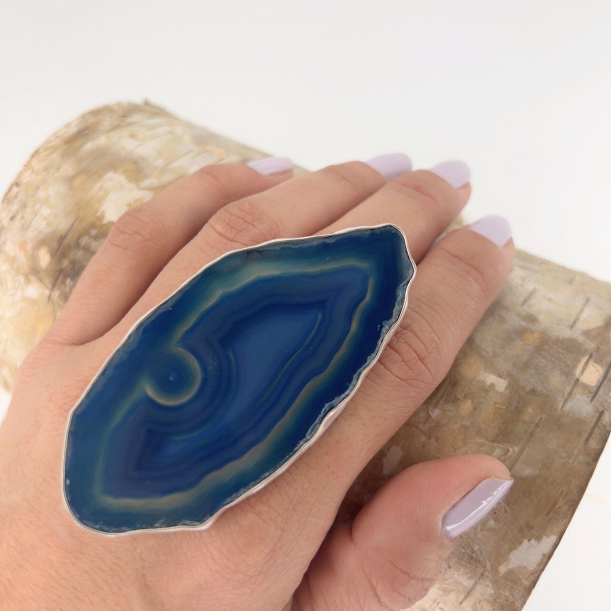Sterling Silver Blue Agate Slice Adjustable Ring - Style #1 | Charles Albert Jewelry