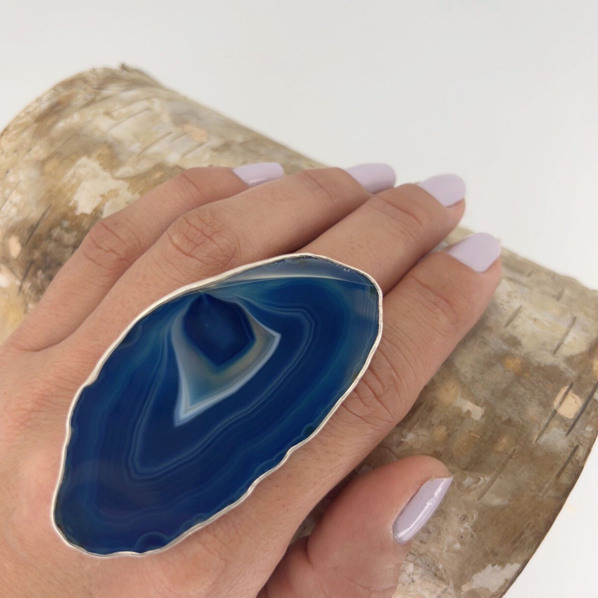 Sterling Silver Blue Agate Slice Adjustable Ring - Style #10 | Charles Albert Jewelry