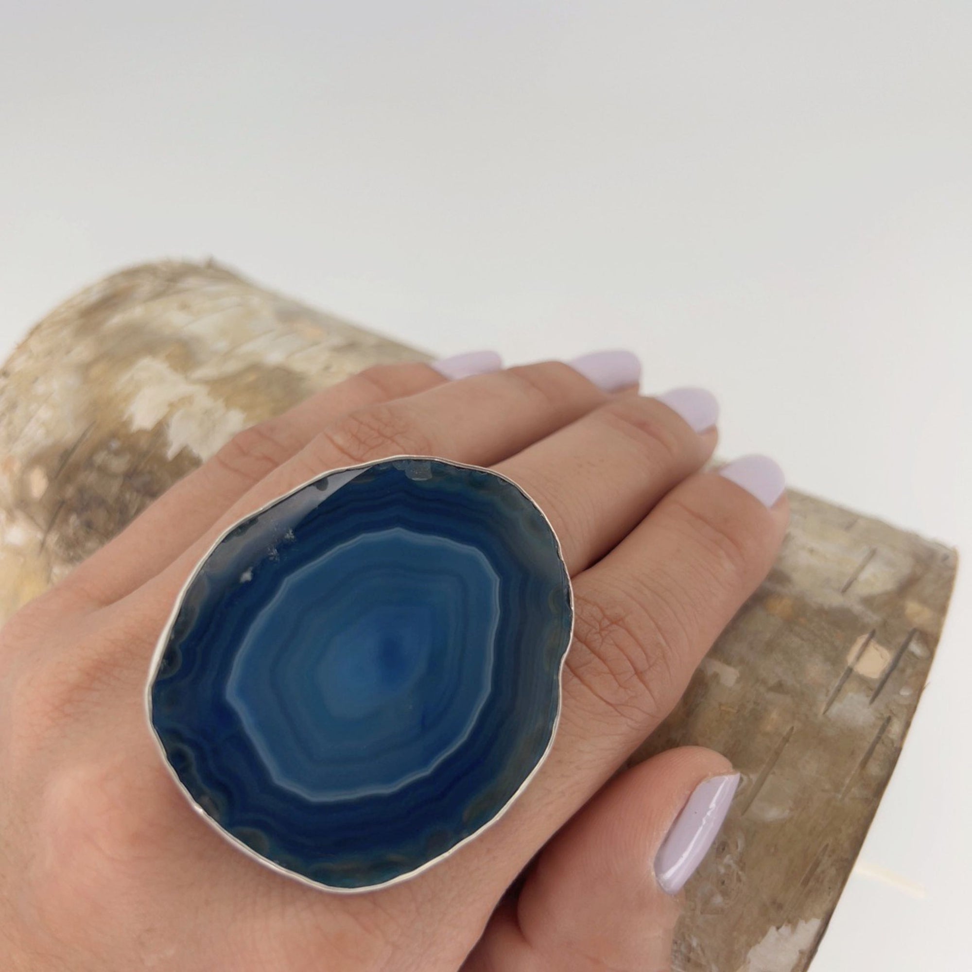 Sterling Silver Blue Agate Slice Adjustable Ring - Style #12 | Charles Albert Jewelry