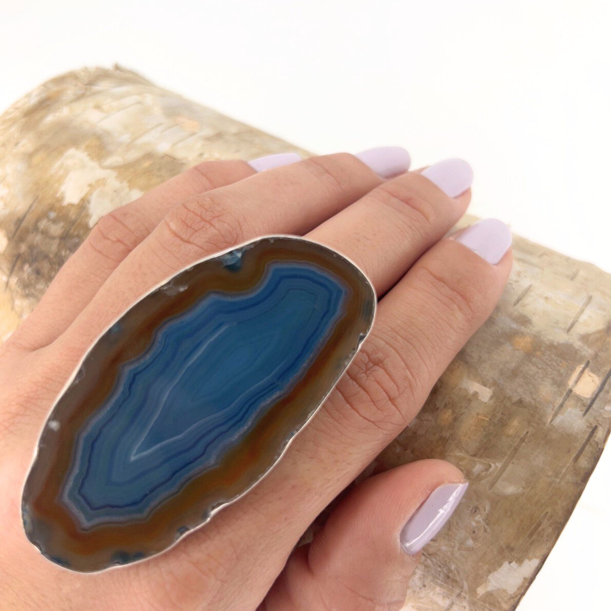 Sterling Silver Blue Agate Slice Adjustable Ring - Style #5 | Charles Albert Jewelry