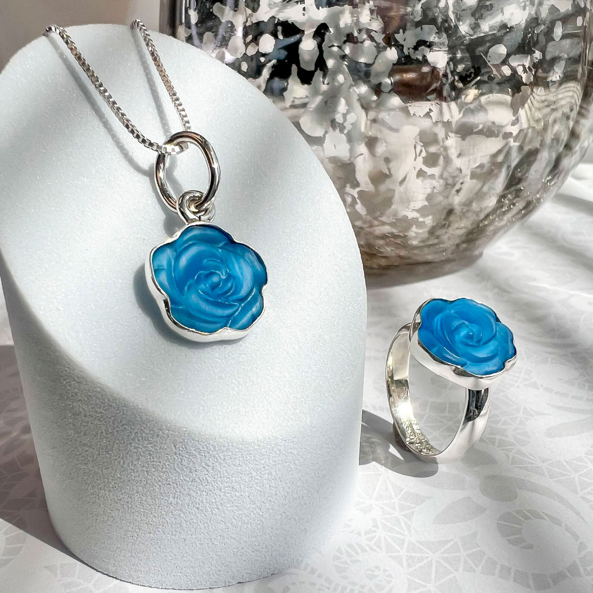 Sterling Silver Blue Rose Fiber Optic Petite Charm Pendant | Charles Albert Jewelry