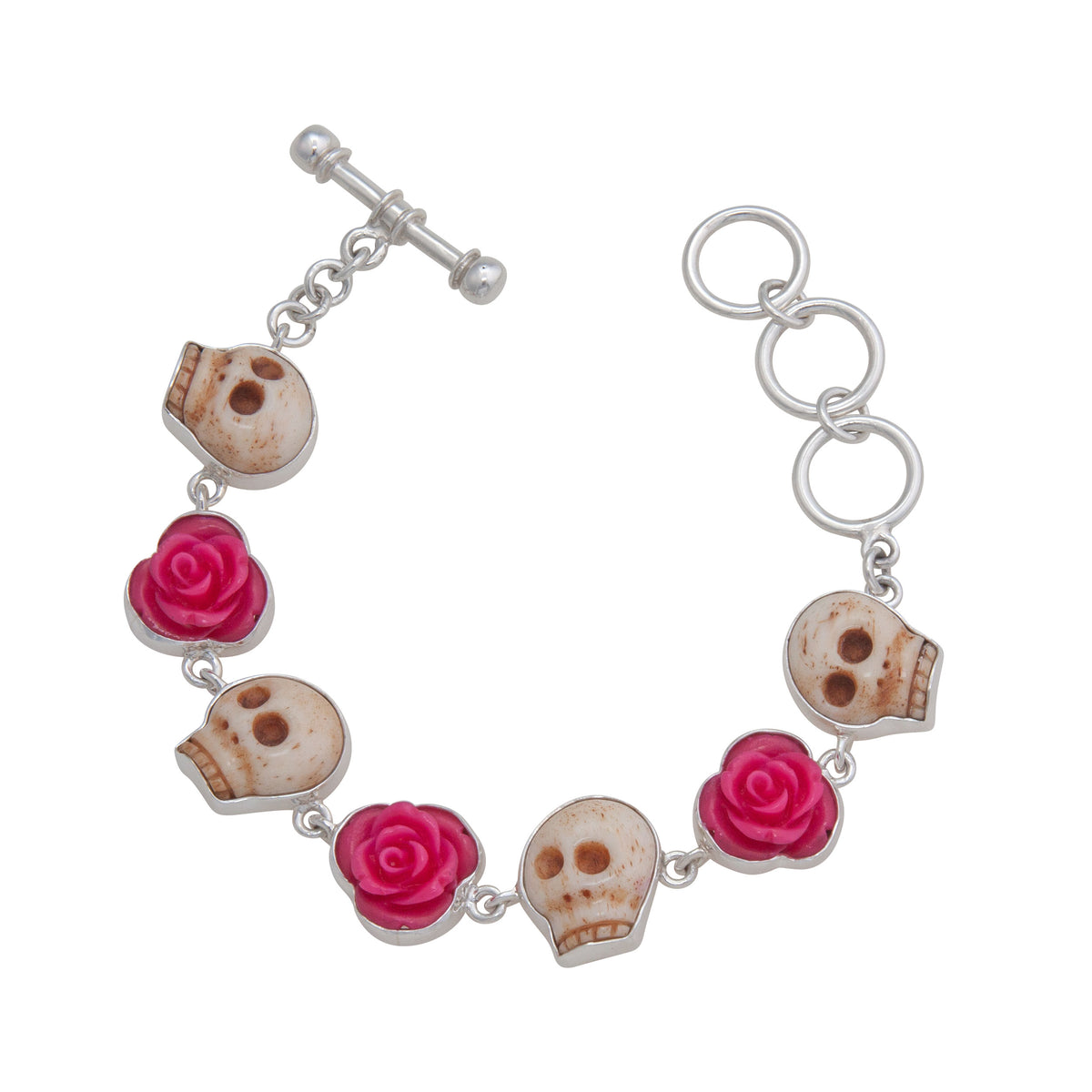 Sterling Silver Bone Skull and Pink Rose Bracelet | Charles Albert Jewelry