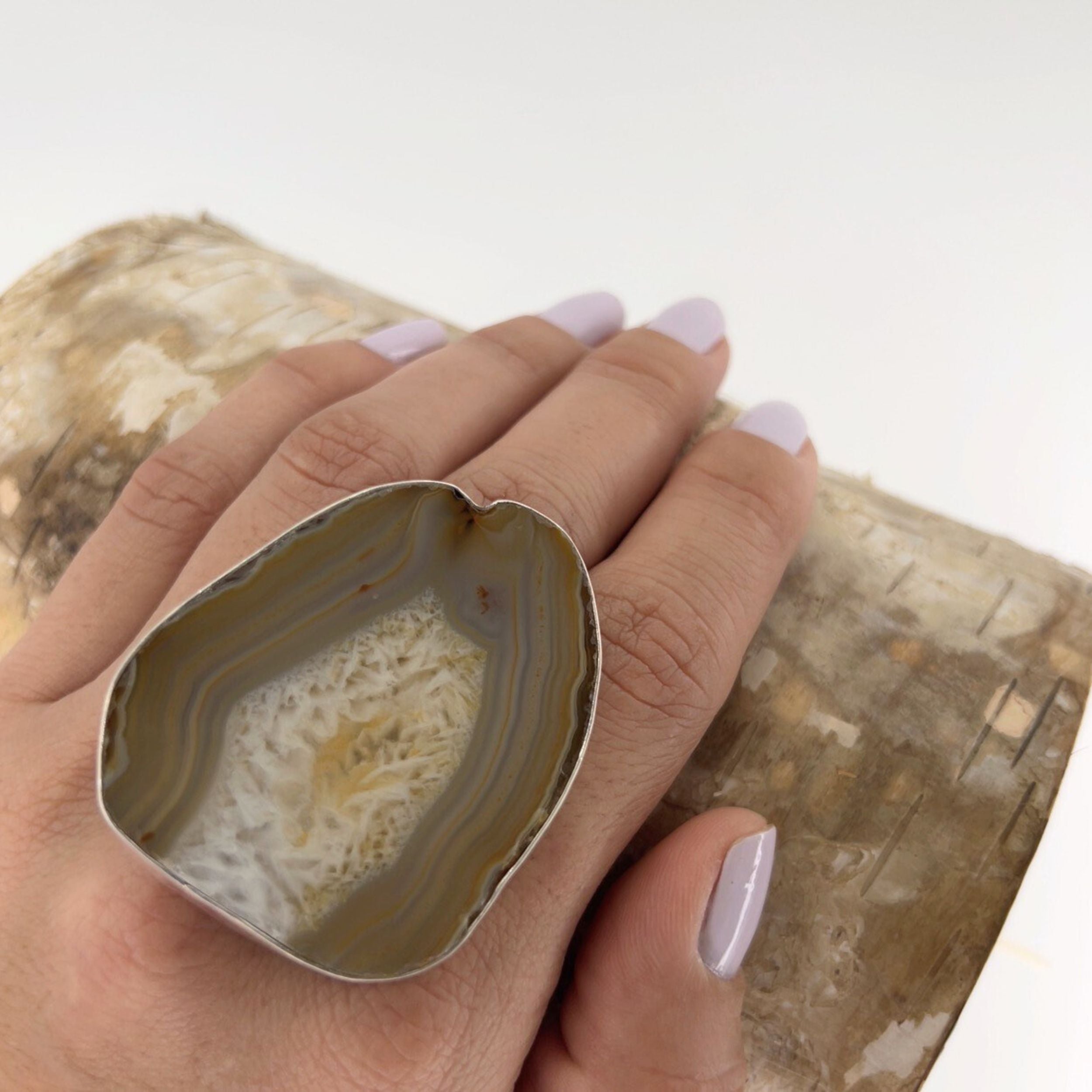 Sterling Silver Brown/Nude Agate Slice Adjustable Ring