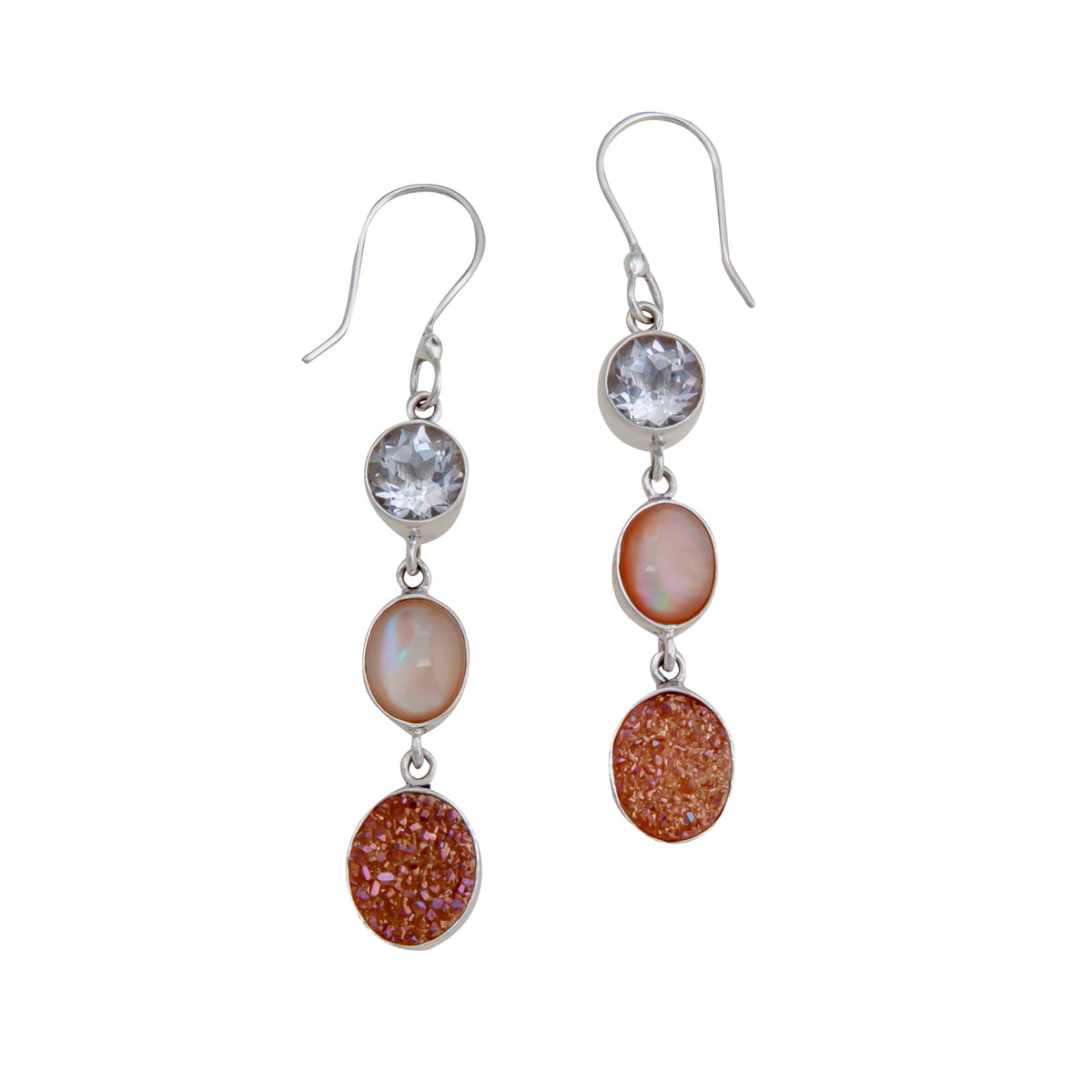 Sterling Silver Clear Quartz, Mother of Pearl and Peach Druse Drop Earrings | Charles Albert Jewelry