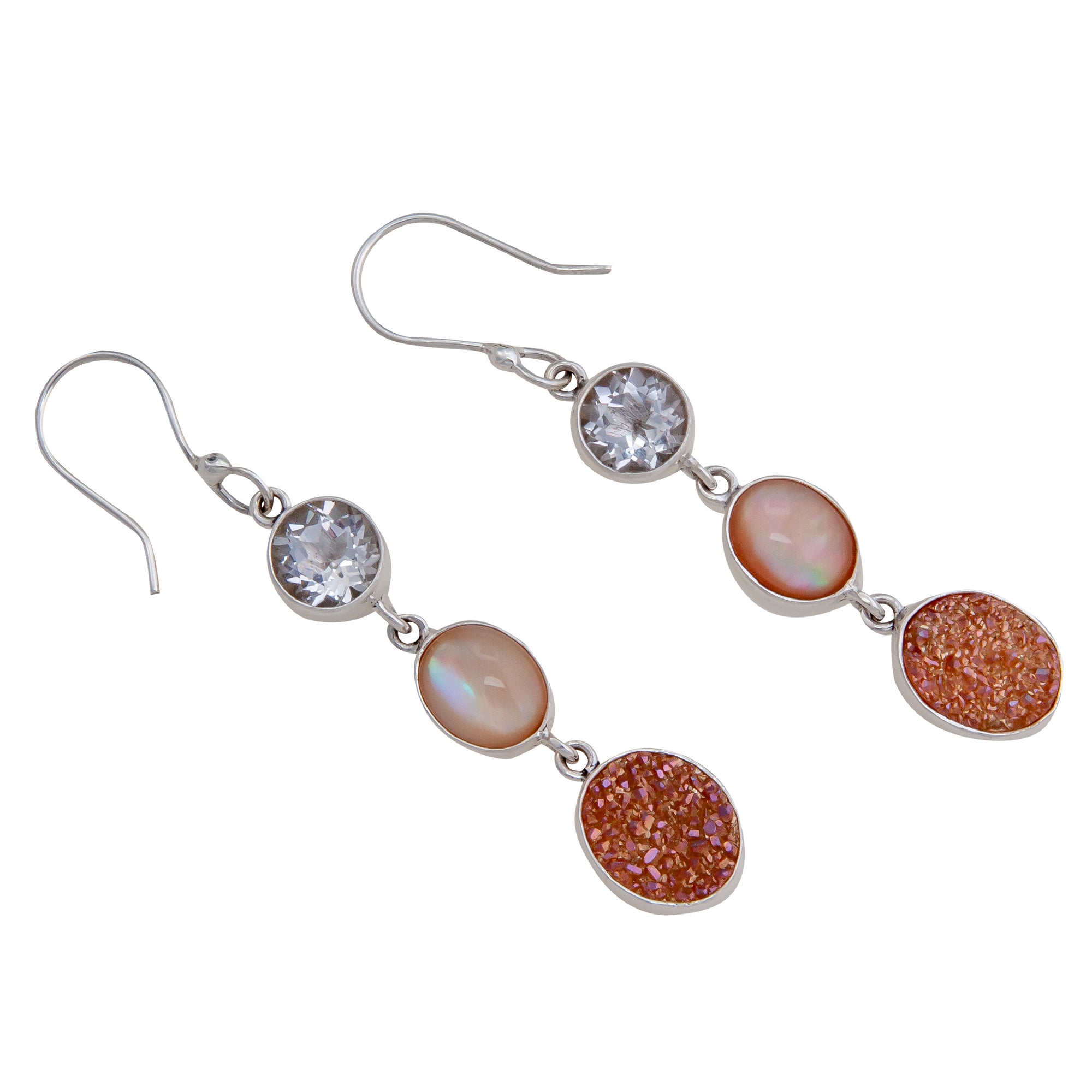 Sterling Silver Clear Quartz, Mother of Pearl and Peach Druse Drop Earrings | Charles Albert Jewelry