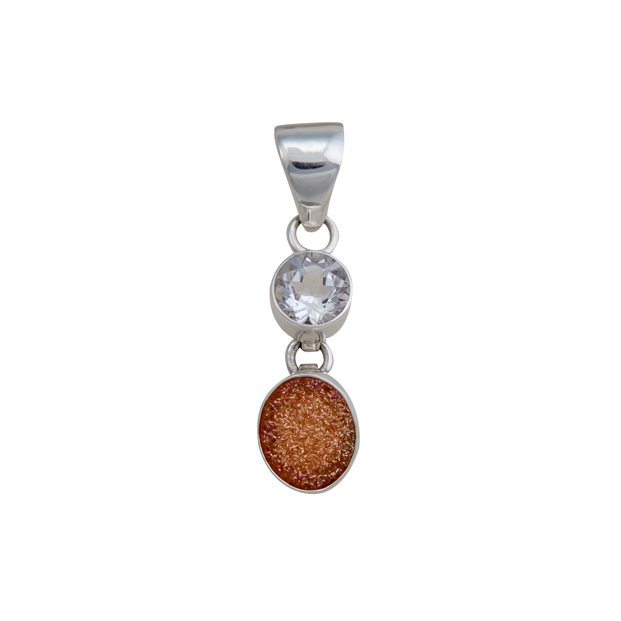 Sterling Silver Clear Quartz and Peach Druse Double Pendant | Charles Albert Jewelry