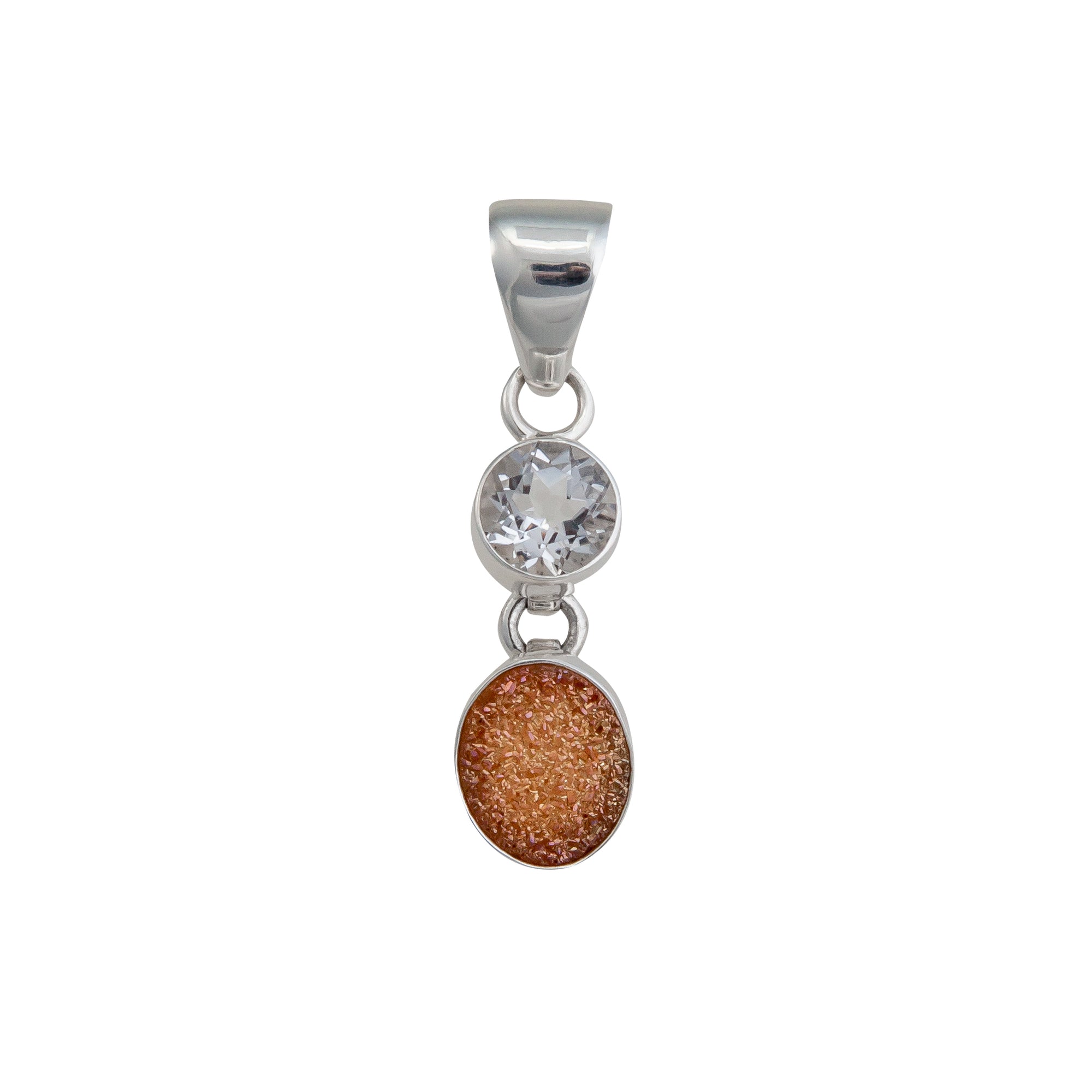 Sterling Silver Clear Quartz and Peach Druse Double Pendant | Charles Albert Jewelry