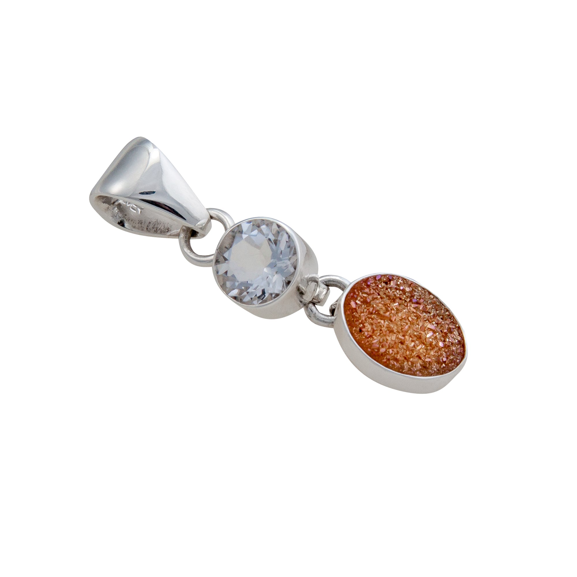 Sterling Silver Clear Quartz and Peach Druse Double Pendant | Charles Albert Jewelry