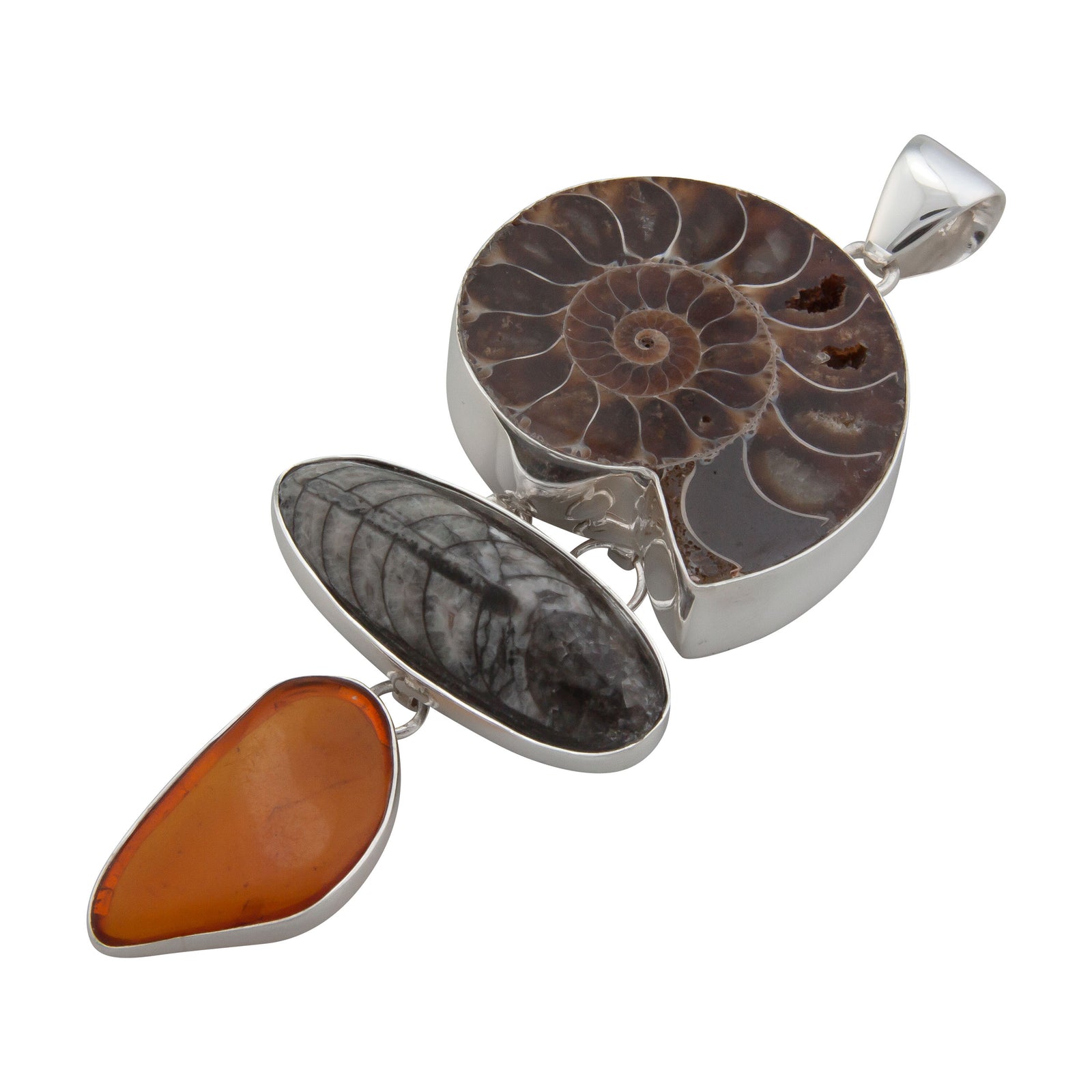 Sterling Silver Fossil Triple Pendant - Side View | Charles Albert Jewelry