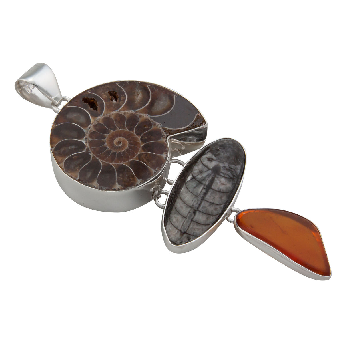 Sterling Silver Fossil Triple Pendant - Side View | Charles Albert Jewelry