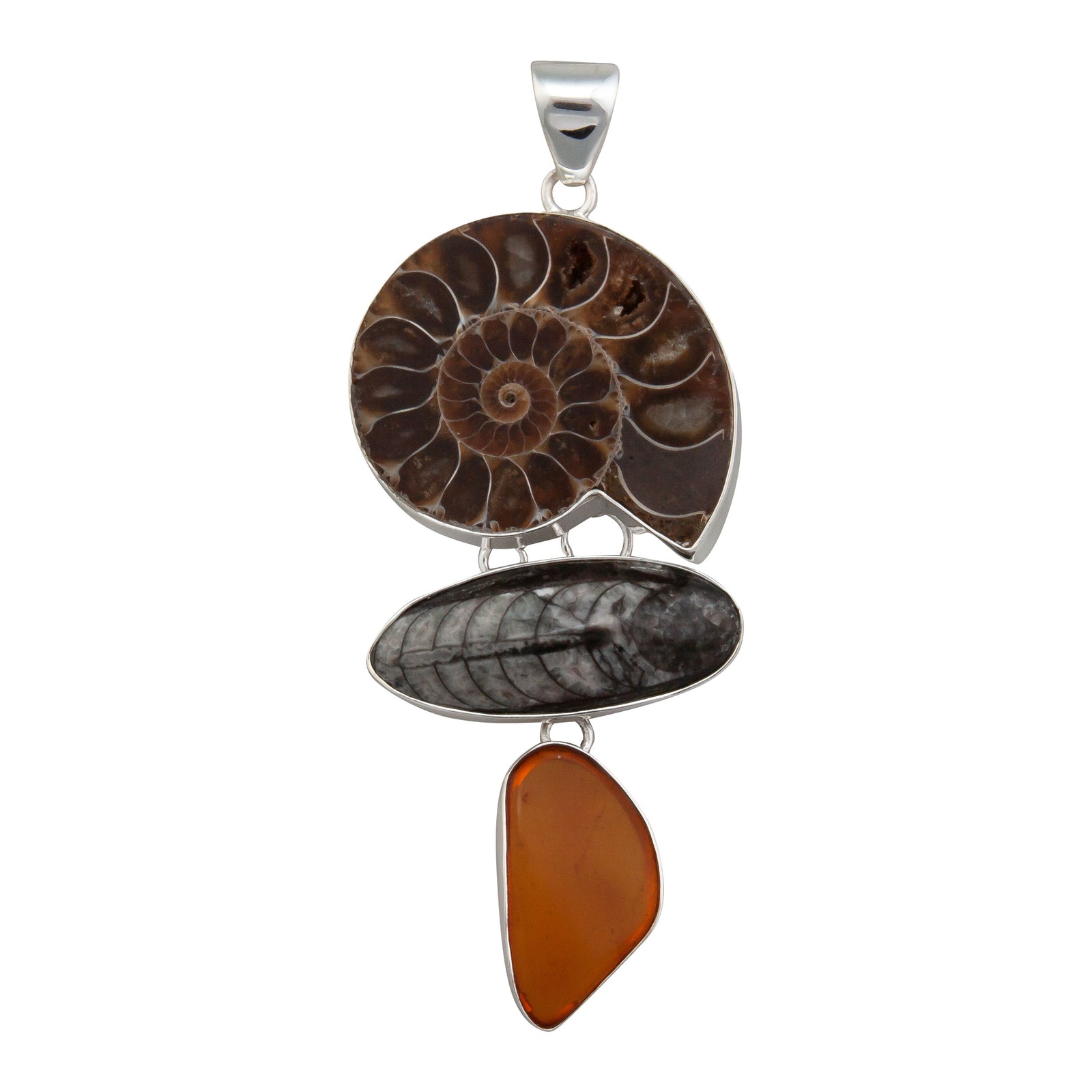 Sterling Silver Fossil Triple Pendant - Front View | Charles Albert Jewelry