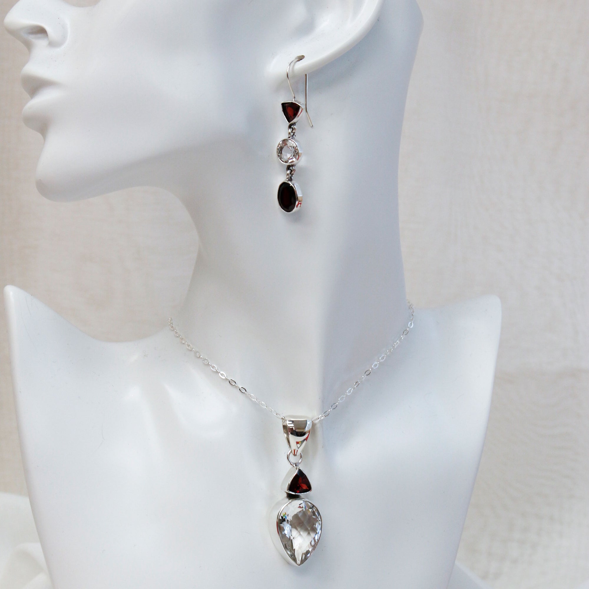 Sterling Silver Garnet and Quartz Double Pendant | Charles Albert Jewelry