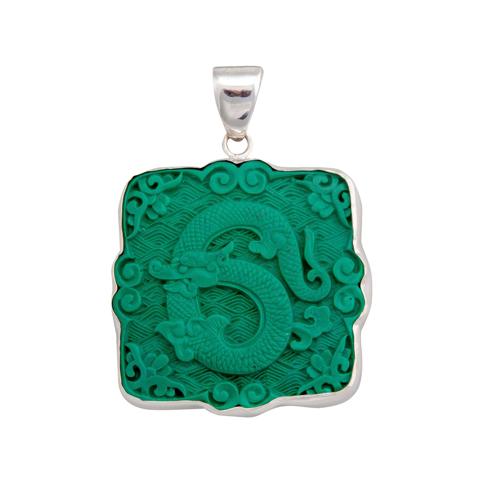 Sterling Silver Green Cinnabar Dragon Pendant | Charles Albert Jewelry