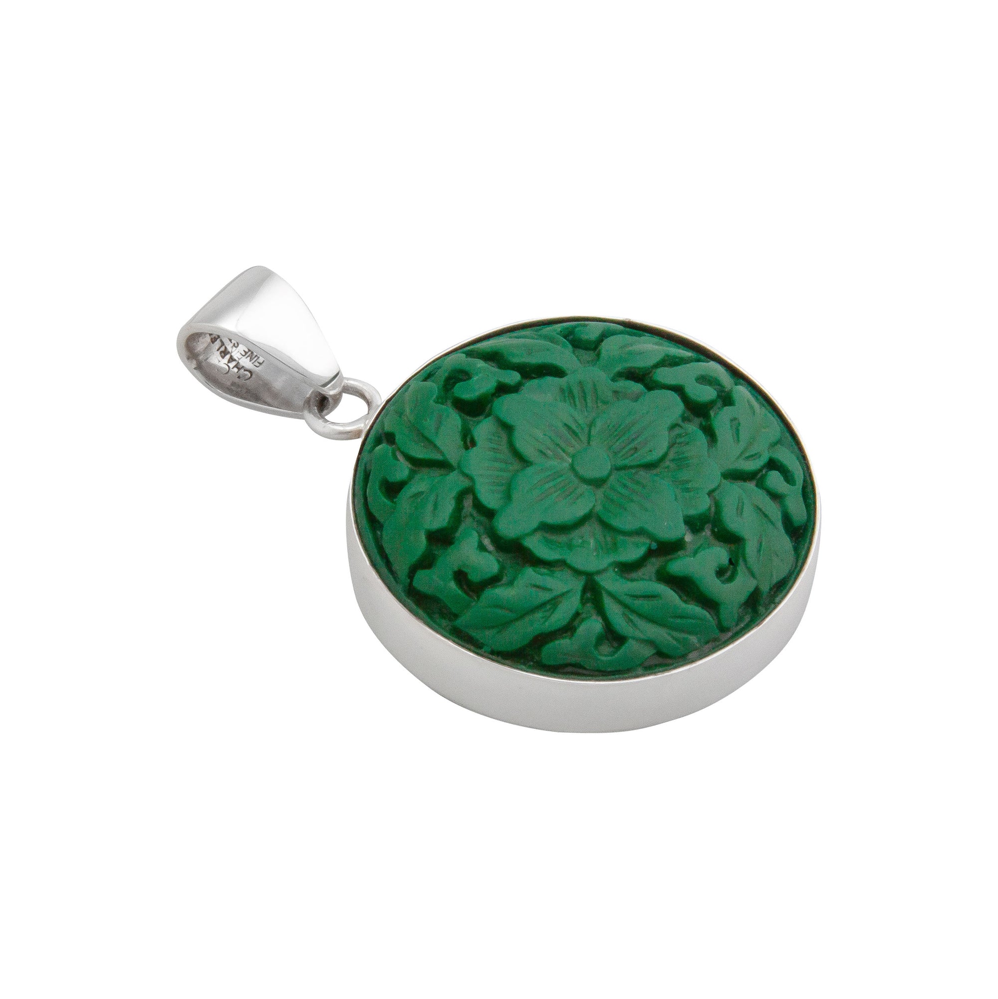 Sterling Silver Green Cinnabar Flower Pendant | Charles Albert Jewelry