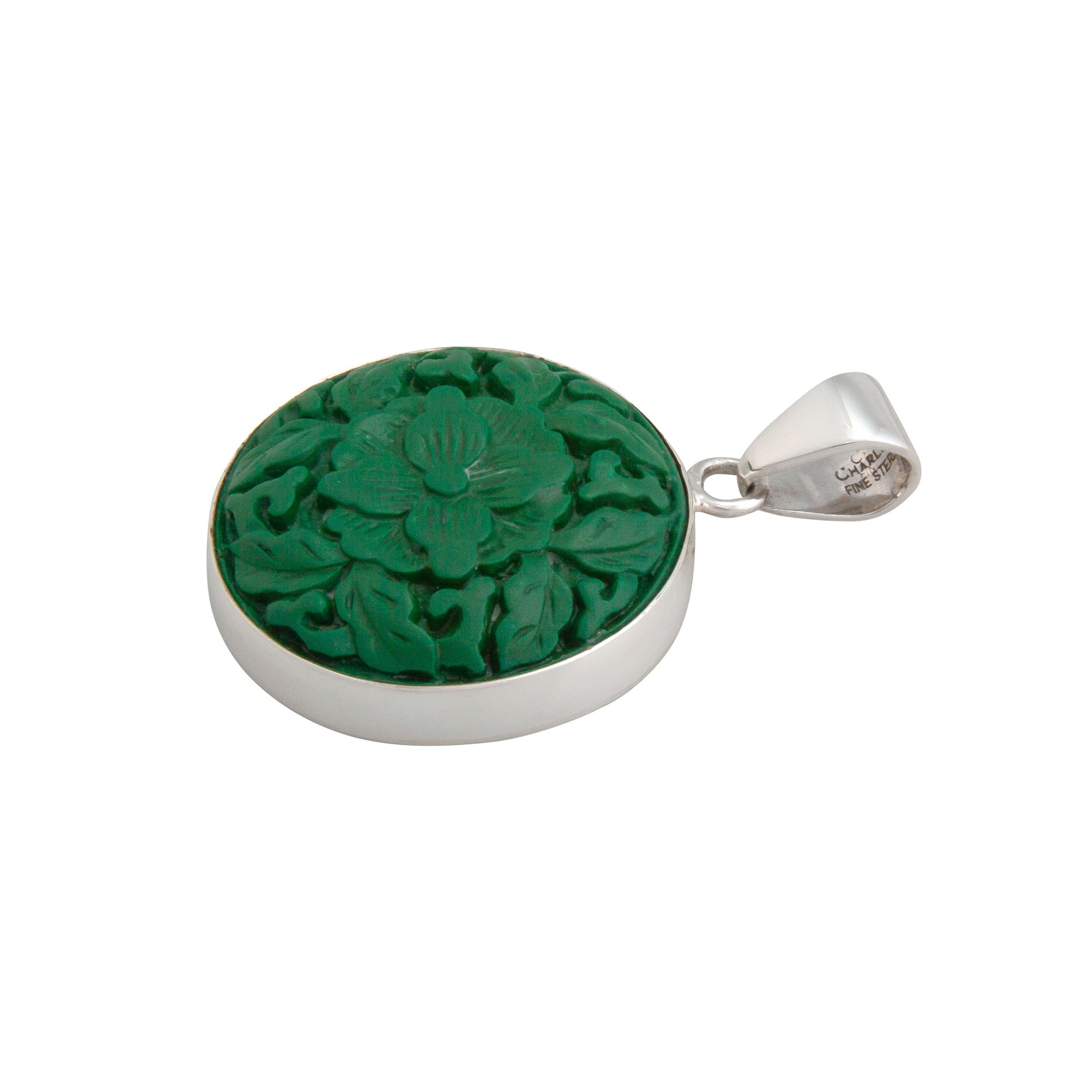 Sterling Silver Green Cinnabar Flower Pendant | Charles Albert Jewelry