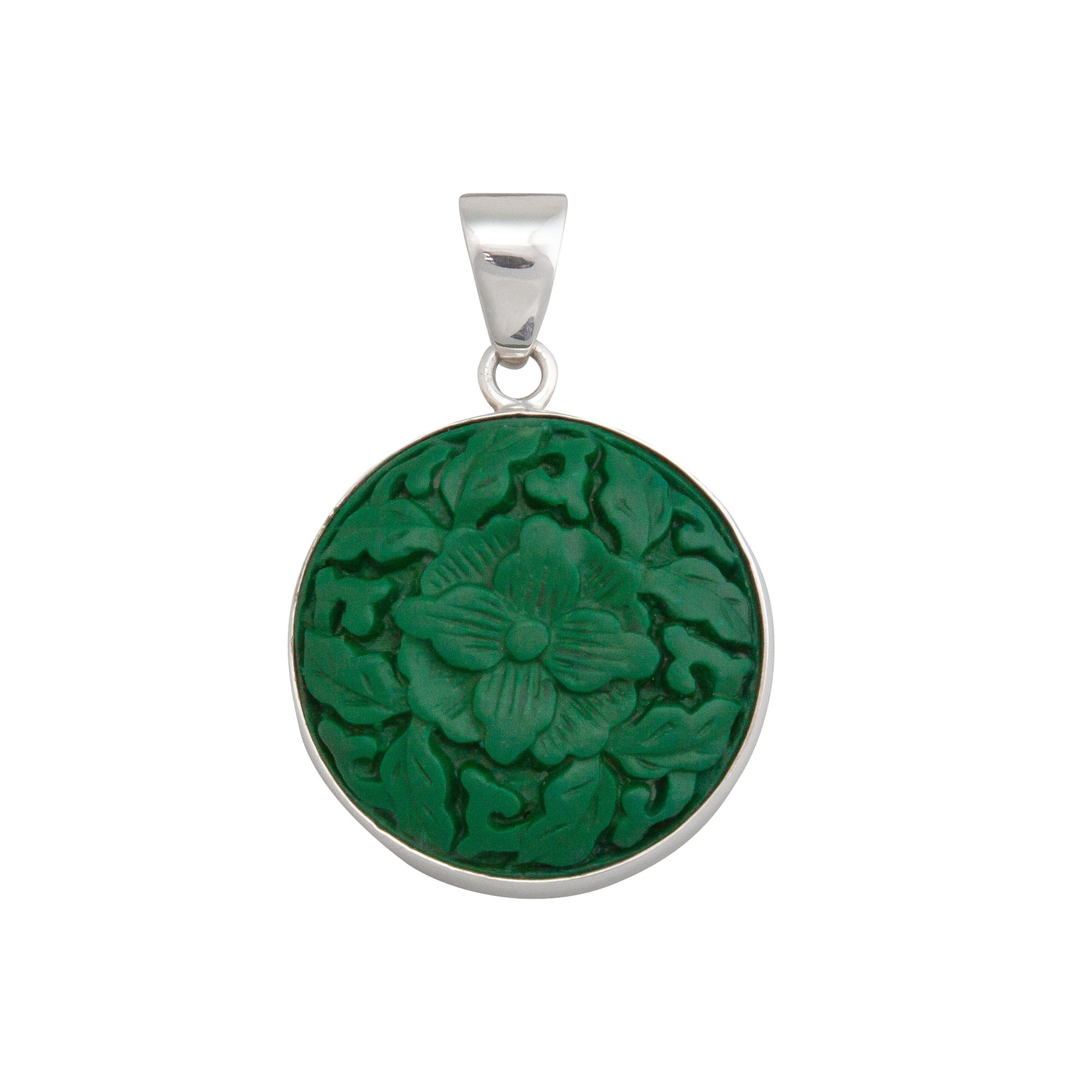 Sterling Silver Green Cinnabar Flower Pendant | Charles Albert Jewelry