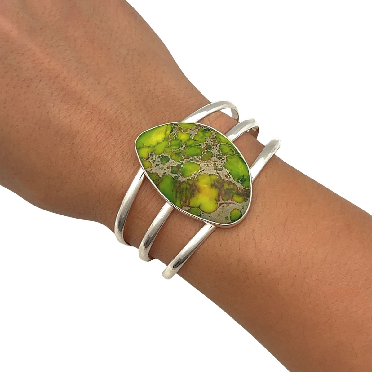 Sterling Silver Green Color-Enhanced Jasper Multi Band Cuff - Style #2 | Charles Albert Jewelry