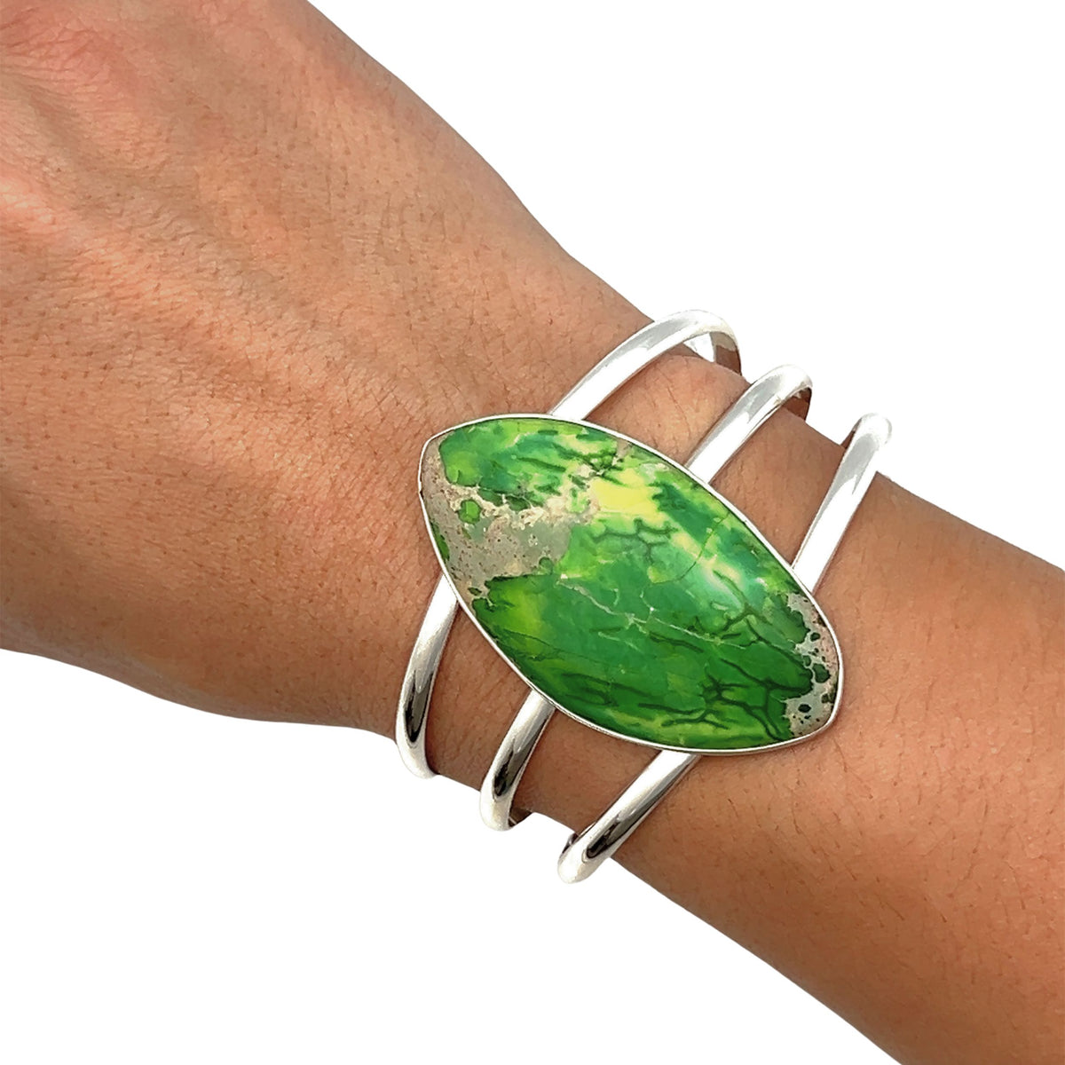 Sterling Silver Green Color-Enhanced Jasper Multi Band Cuff - Style #8 | Charles Albert Jewelry